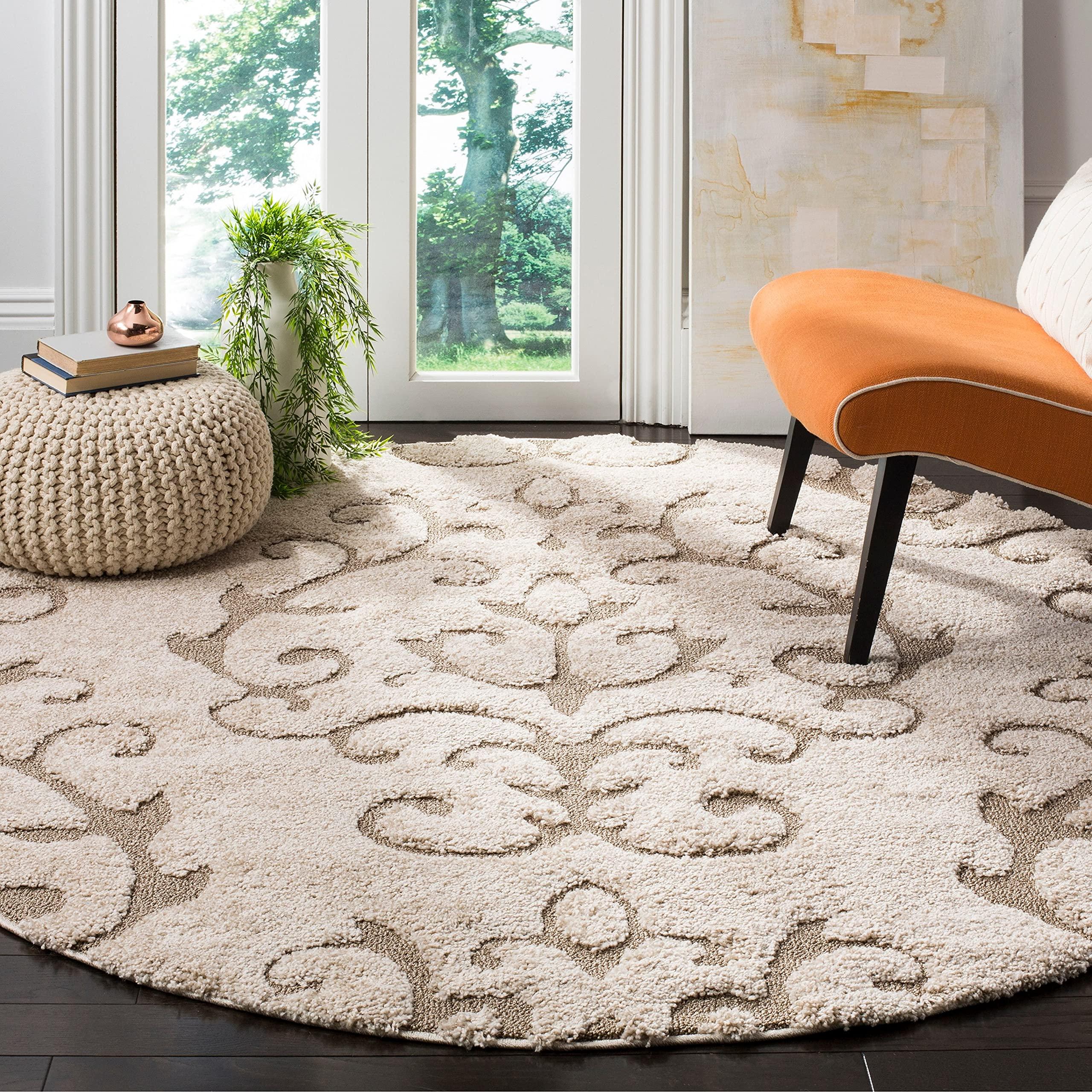 Safavieh SAFAVIEH Florida Shag Collection 5' Round Cream/Beige SG470 Scroll Non-Shedding Living Room Bedroom Dining Room Entryway Plush 1.2-inch Thick Area Rug