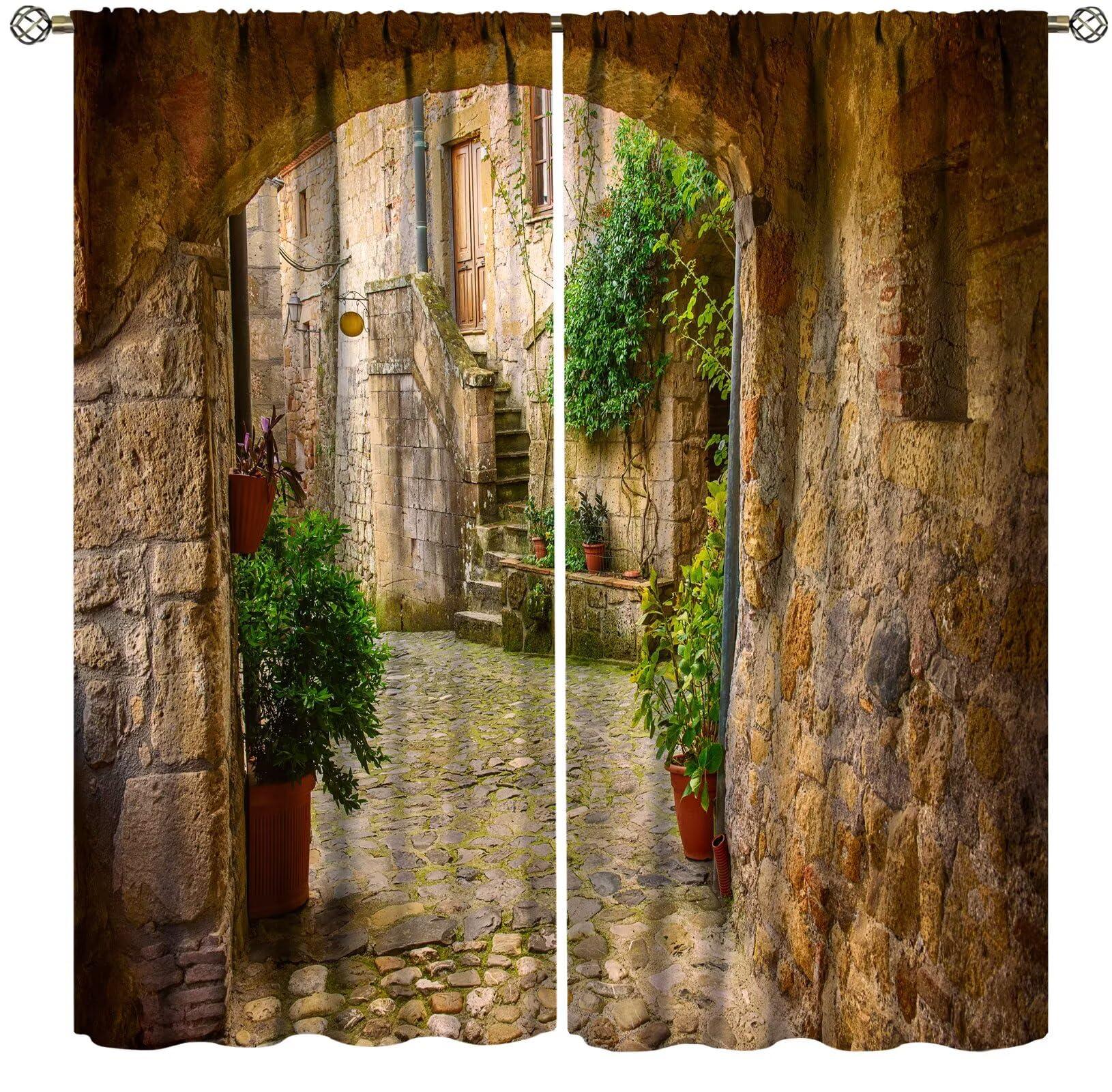 ZhiRain Scenery Kitchen Italian Curtains, Landscape from Door Antique Style Stone Village Tuscany Italian Valley, Blackout Rod Pocket Window Drapes 2 Panel Set for Kitchen Cafe Decor 63x72in