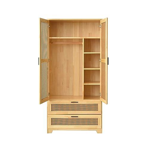 Woodpeckers Furniture And Mattress Pine Wood Closet with Rattan Doors and Two Drawers (Natural)