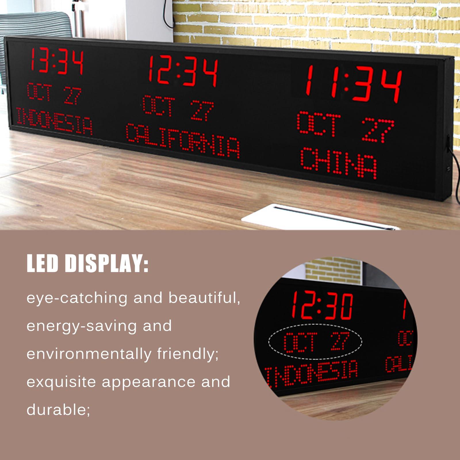 JDXQBLD JDXQBLD 3 Time Zone Wall Large Clocks, World Time Zones Clock, Editable City Name and Time and Date, Big Size Display, for Home Living Room Office (Red)