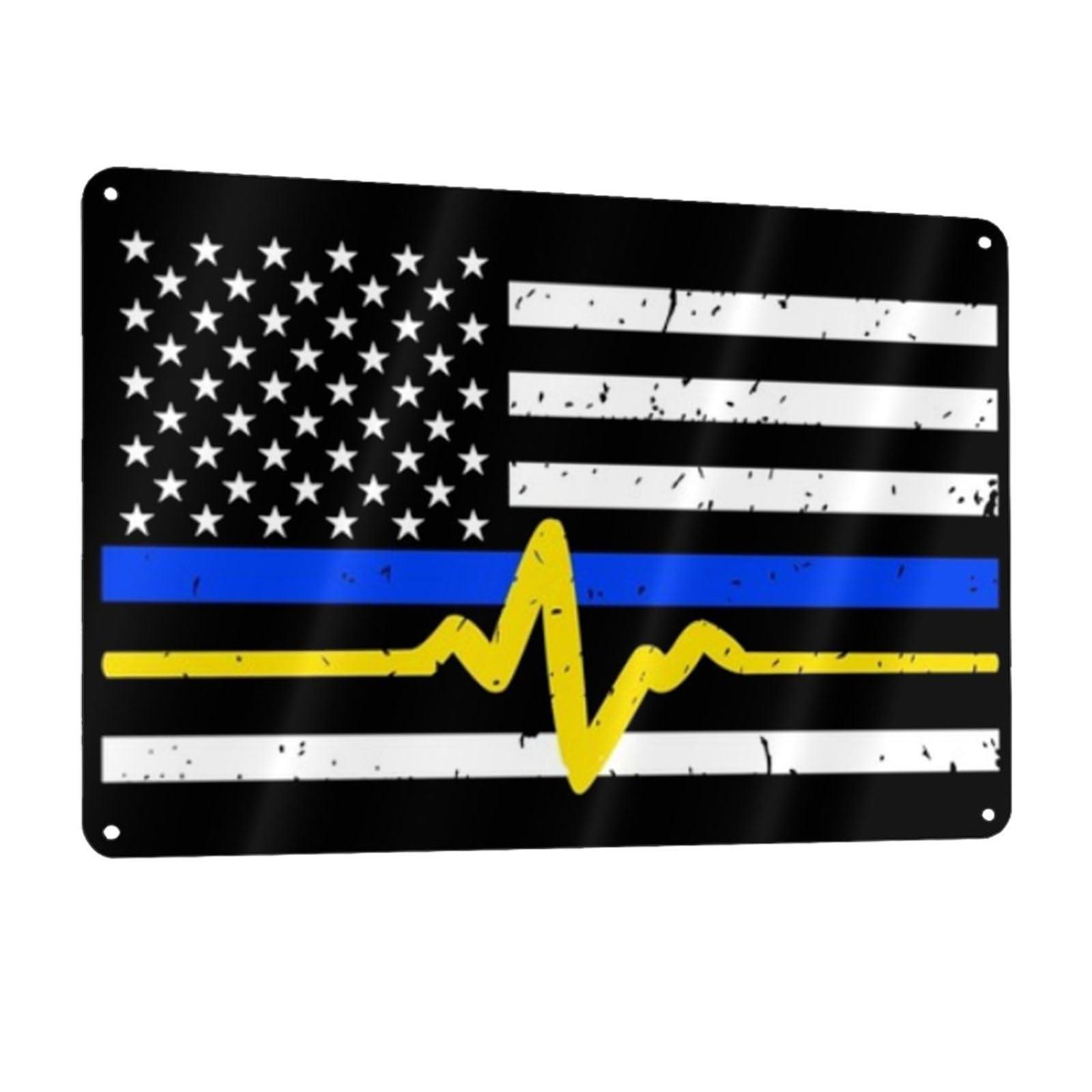 CAJUCA 911 Dispatcher Thin Blue Gold Line Metal Aluminum Sign Decor Bar Patio Poster Wall Garage Decorations Funny Gifts 12 x 8 Inches
