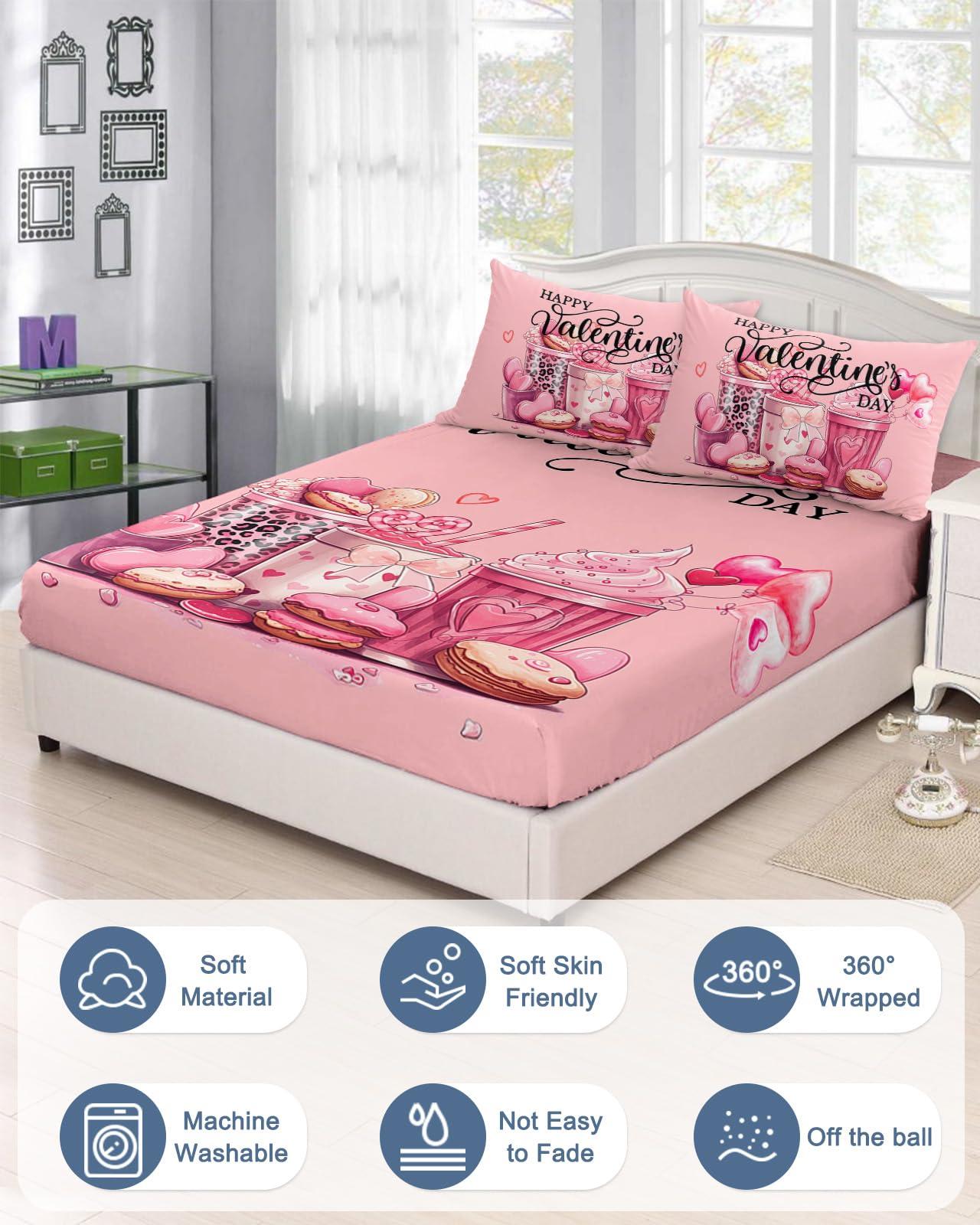 ZFUNCING Valentine\'s Day Fitted Sheet Twin XL Size,Dessert Macaron Cake Drinks Bottom Sheets Bedding Set 2pcs for Girls Women Room Decor,Romantic Pink Deep Pocket Bed Sheet&Pillowcases