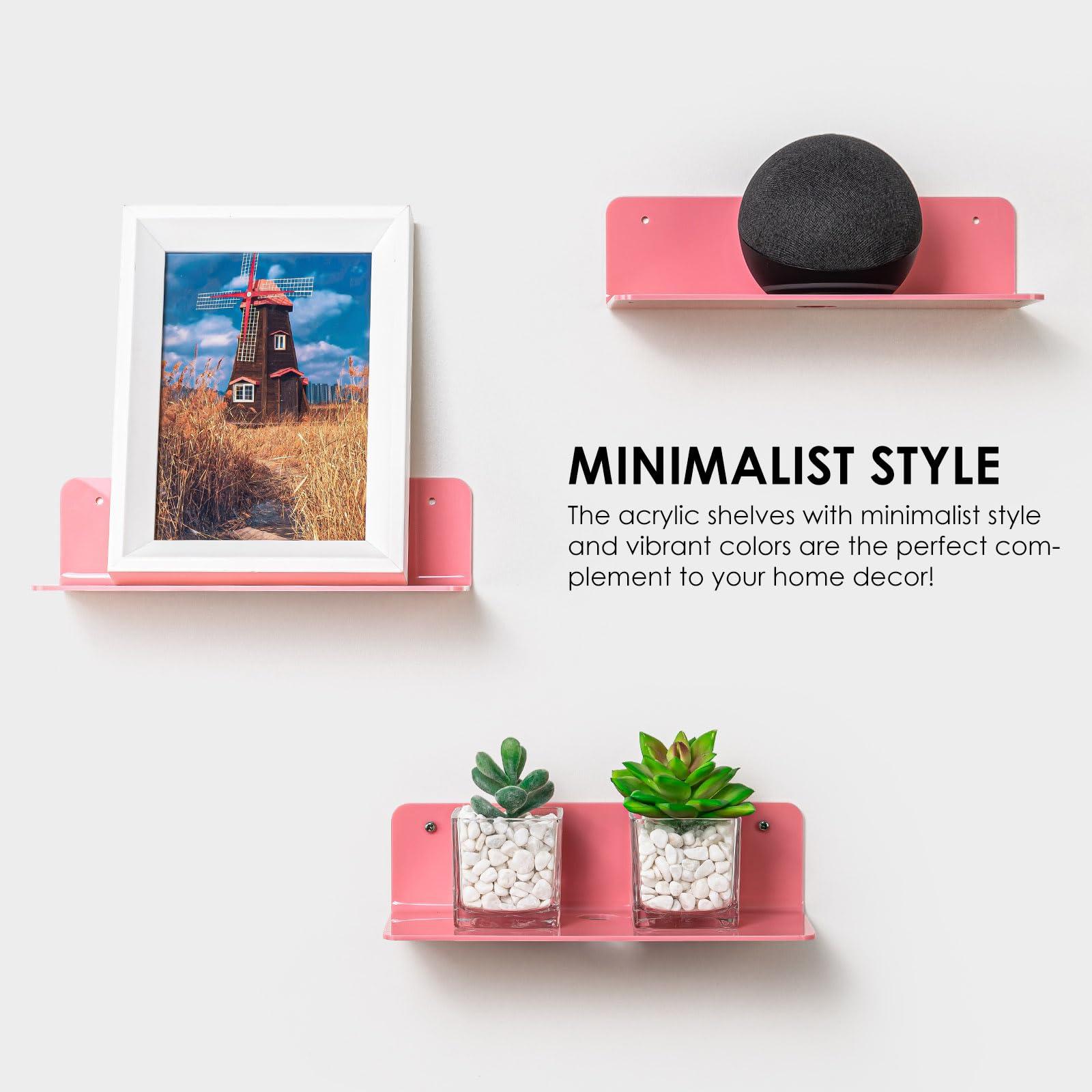 OAPRIRE OAPRIRE Pink Acrylic Floating Shelves Set of 2 - Easily Expand Wall Space - Small Wall Shelf with Strong Adhesive for Bedroom, Kids' Room, Bathroom, etc