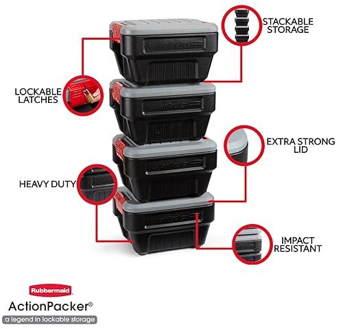 Rubbermaid Rubbermaid ActionPacker 8 Gal Lockable Storage Box Pack of 4, Outdoor, Industrial, Rugged, Grey and Black