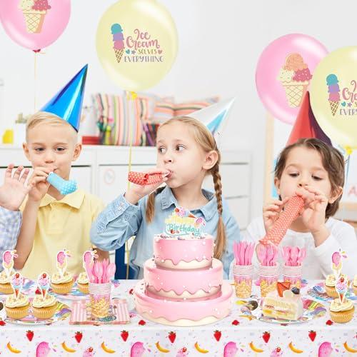 Qonmpcvu Qonmpcvu 183 PCS Ice Cream Party Decorations, Ice Cream Birthday Party Supplies, Ice Cream Party Supplies Set, Ice Cream Backdrop Tablecloth With Vibrant Paper Plates, Napkins, Cups Serve 20 Guests
