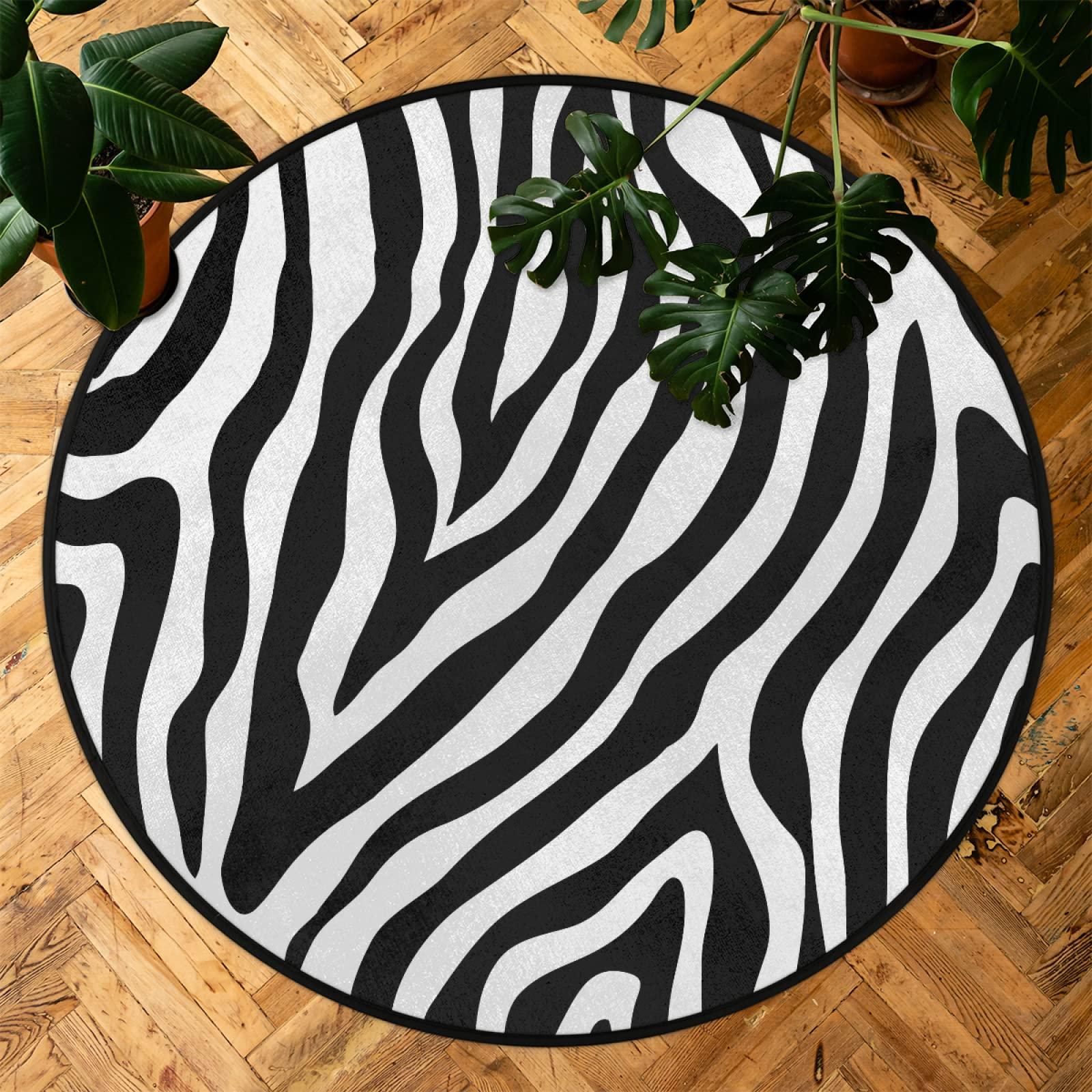 SEEKJOYS Art Zebra Stripes Rug Art Stripes 5'4" Round Rug Non Slip Circular Area Rug Indoor Distressed Floor Area Mat Carpet for Living Room Dining Room