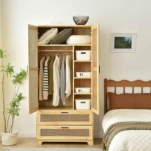 Woodpeckers Furniture And Mattress Pine Wood Closet with Rattan Doors and Two Drawers (Natural)