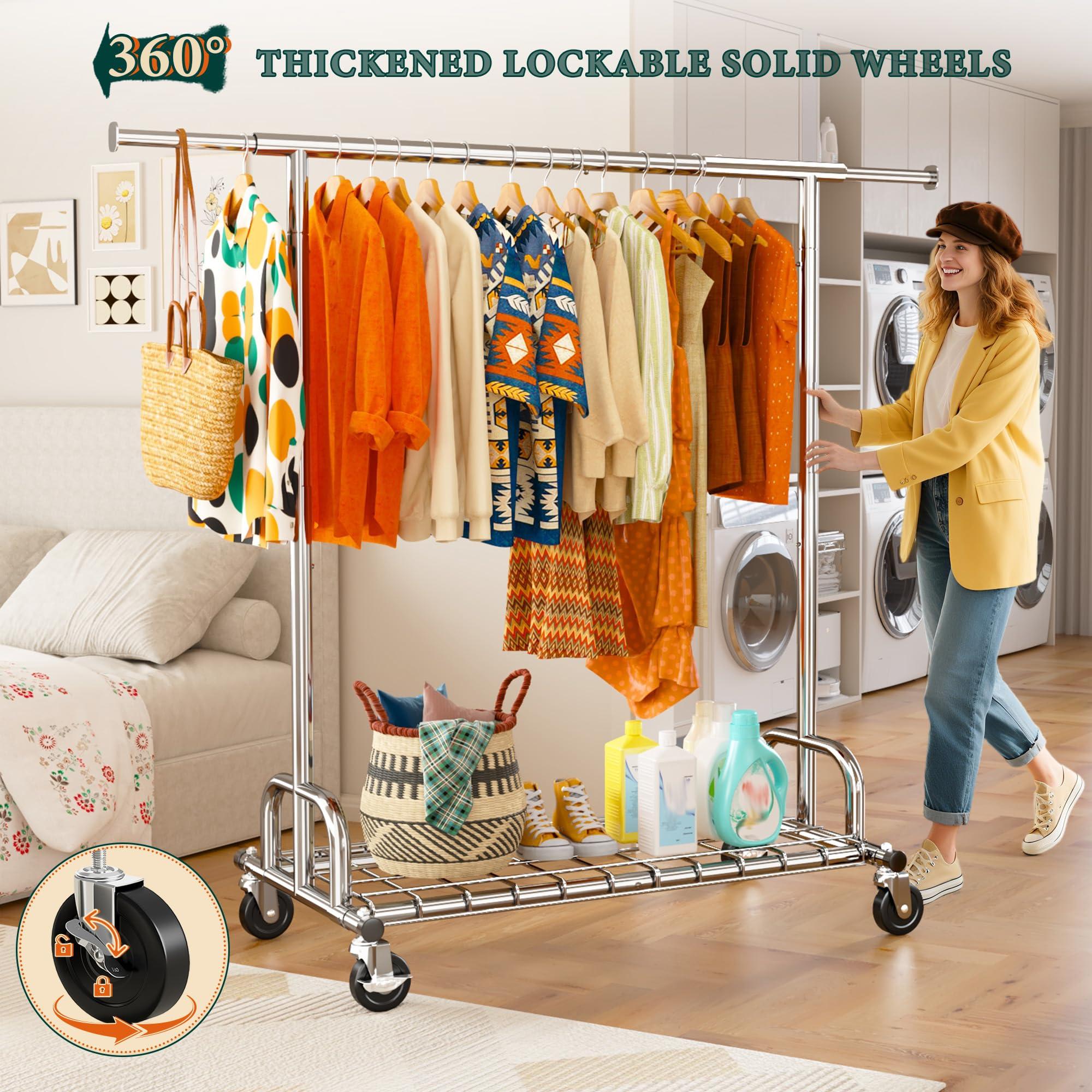 Raybee Raybee Heavy Duty Clothes Rack, Clothing Rack Load 485 LBS, Metal Garment Rack, Rolling Clothes Racks for Hanging Clothes, Portable Clothes Rack with Sturdy Wheels