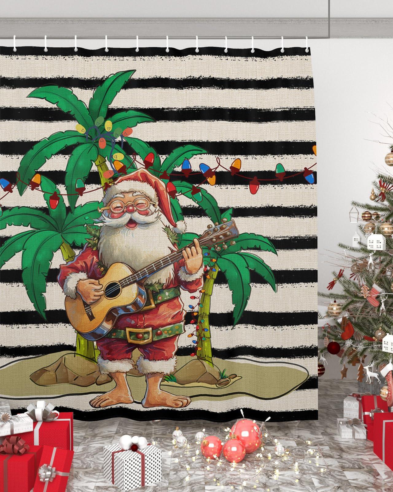 ZOE GARDEN Tropical Christmas Bathroom Set with Shower Curtain Rug Accessories - 72x72 Inches Long Bathtub Curtain with Small Bath Mat,Washable Bathtub Floor Runner Rug Set,Hooks Santa Palm Tree Black Stripe