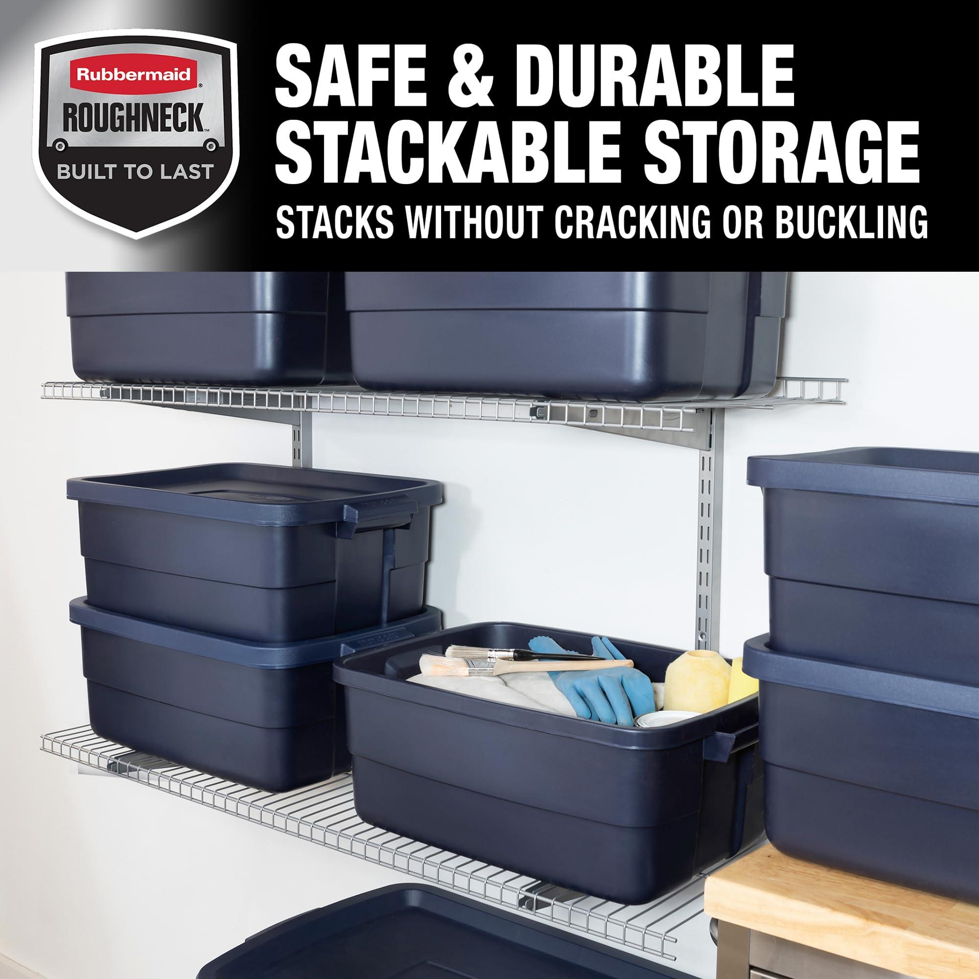 Rubbermaid Rubbermaid Roughneck Tote 10 Gal, 8 Pack, Made in USA, Dark Indigo Metallic, Rugged Plastic Stackable Storage Bins with Lids and Handles