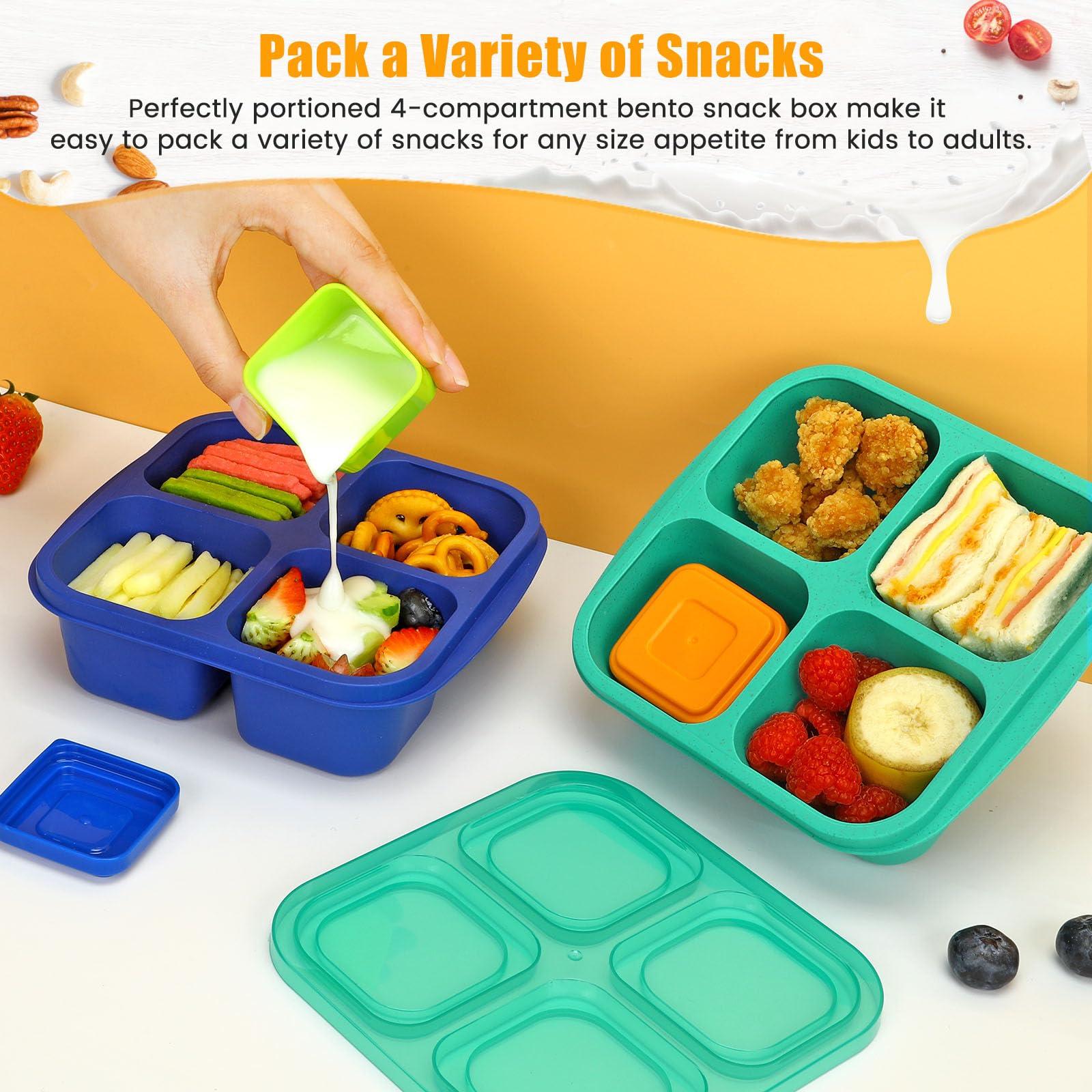 Caperci Caperci Lunchable Snack Containers - 4 Compartments Bento Snack Boxes (4 Pack) with 2 Leakproof Sauce Containers, Reusable Divided Food Containers for School, Work, Travel (Jewel Brights)