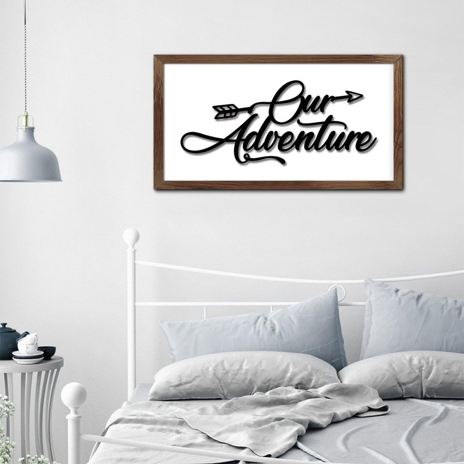 WSDESDEC Our Adventure Wood Framed Printed Sign Family Wall Art Decor Farmhouse Nature Mountain Forest Signs Custom Wood Signs for Dinning Room Nursery Window 12x22in