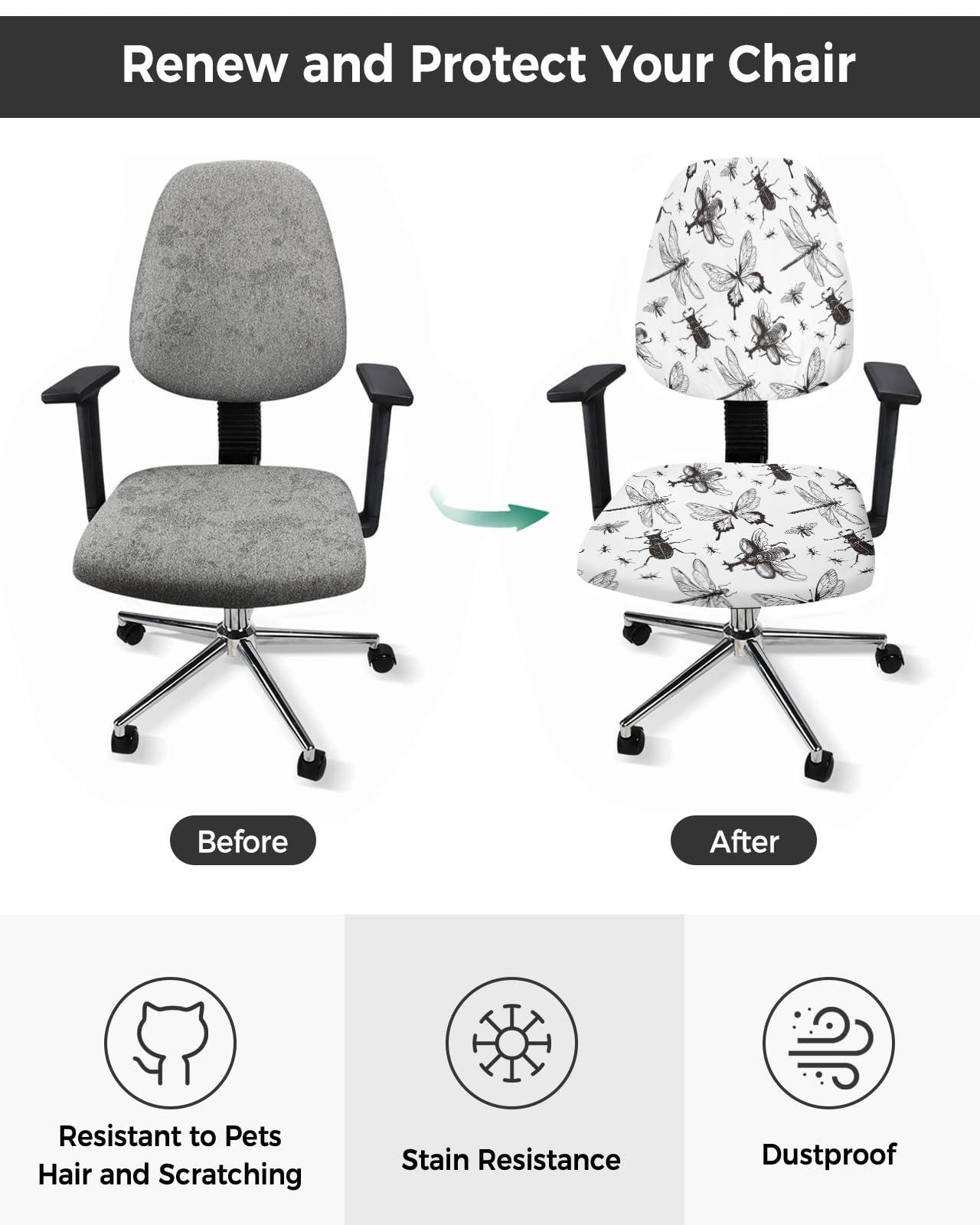 Prime Leader Office Chair Cover, Black Various Butterfly Dragonfly Cicada Art Prints Computer Office Chair Covers, Universal Elastic Stretchable Rotating Chair Slipcover, Removable & Washable Chair Protector