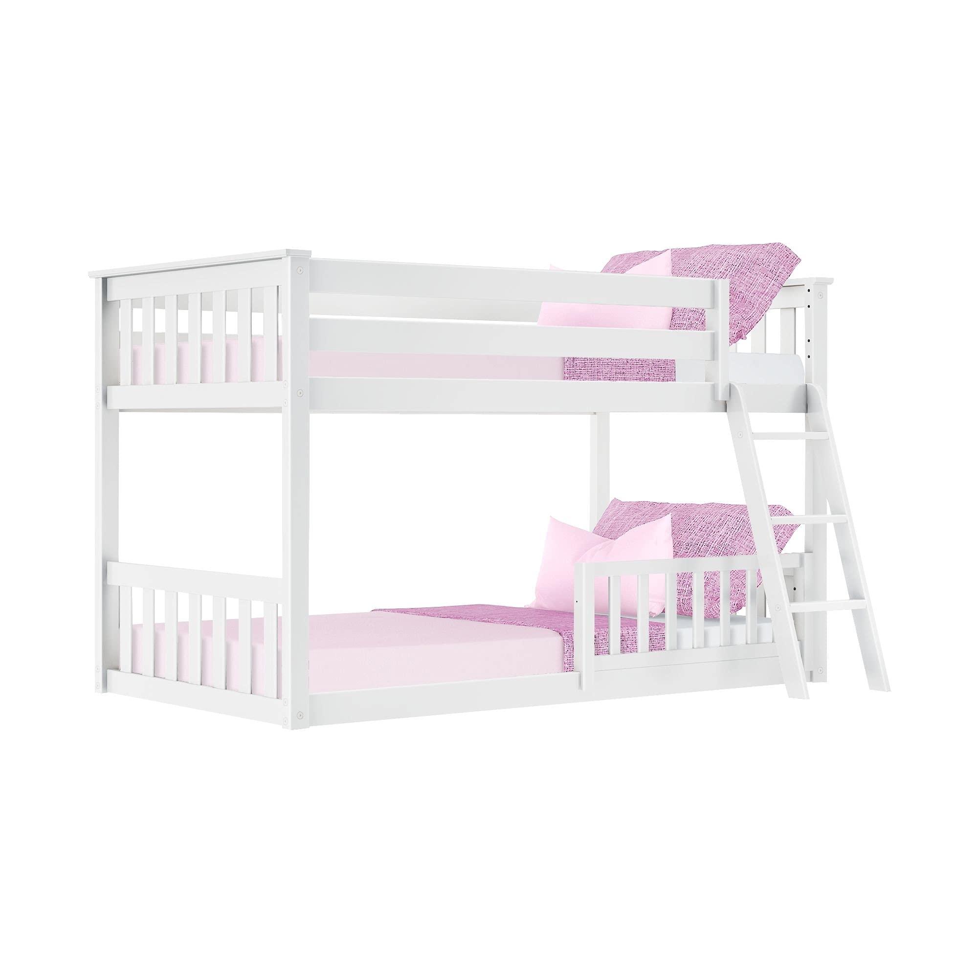 Max & Lily Max & Lily Low Bunk Bed, Twin-Over-Twin Bed Frame For Kids With 1 Guard Rail, White