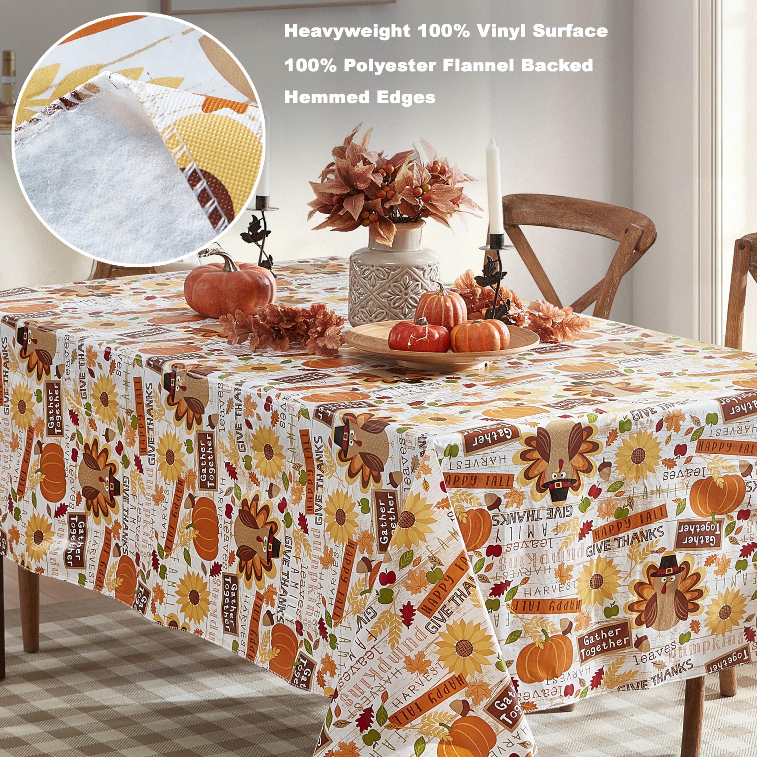 Newbridge Newbridge Happy Thanksgiving Turkey Vinyl Flannel Backed Tablecloth, Whimsical Fall Harvest Kitchen Dining Room Easy Care Vinyl Tablecloth with Flannel Backing Tablecloth, 52 x 70 Oblong/Rectangle