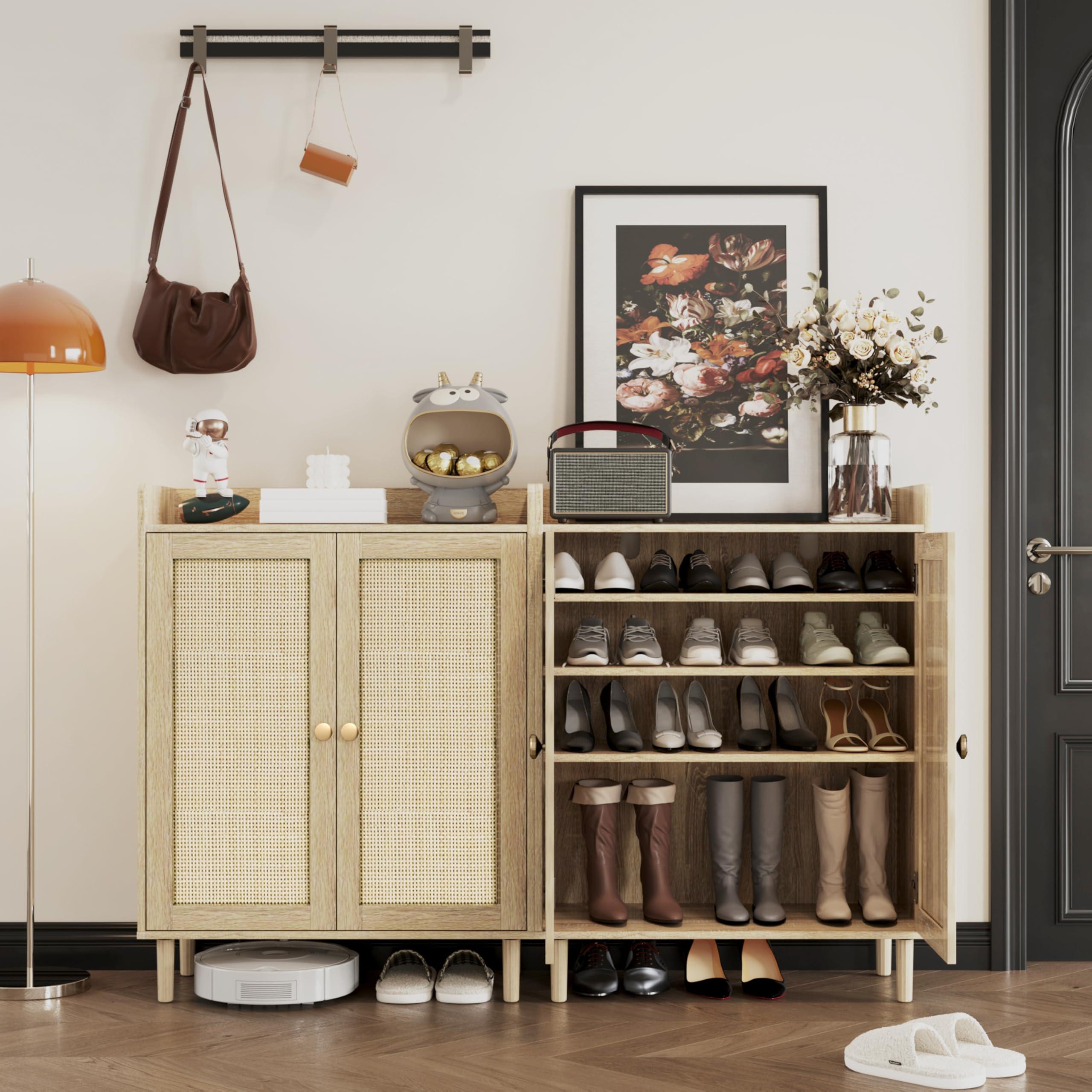 IANUE IANUE Shoe Cabinet - Rattan Shoe Cabinet for Entryway, Shoe Storage Cabinet with Adjustable Shelves, Farmhouse Freestanding Wood Shoe Rack Organizer for Closet, Living Room, Hallway