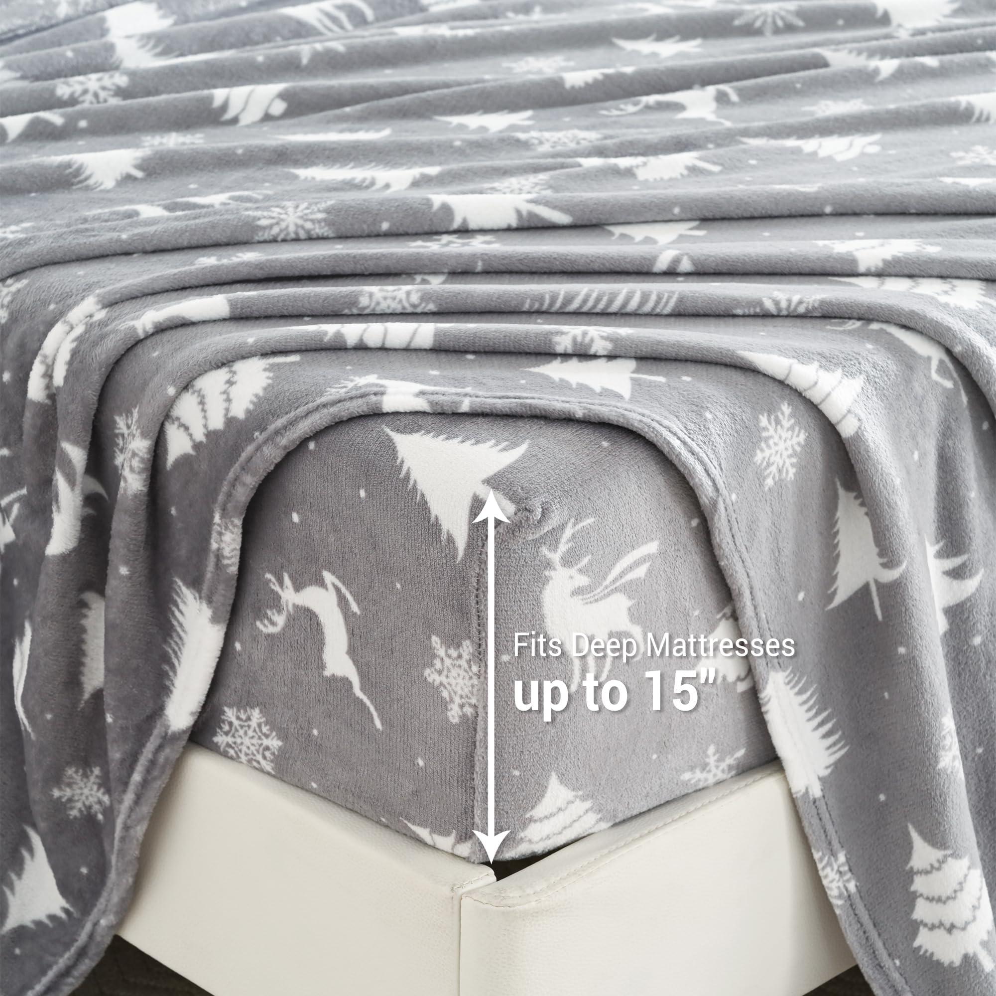 Softan Softan Full Micro Fleece Sheets Set, Christmas Full Size Bed Sheet Set, Plush Velvet Fleece Sheet Set with 15" Deep Pocket Fitted Sheet, Flat Sheet, 2 Pillowcase, Soft and Warm, Deer Print Grey