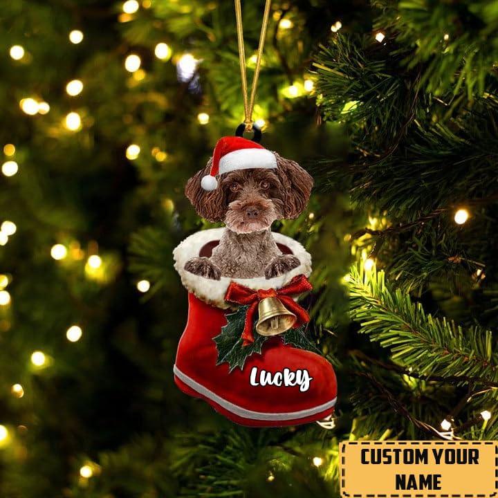 NAZENTI Personalized Schnoodle 2 Ornament, Schnoodle Christmas Ornament, Dog in Santa Boot, Dog Christmas Ornaments, Dog Ornament
