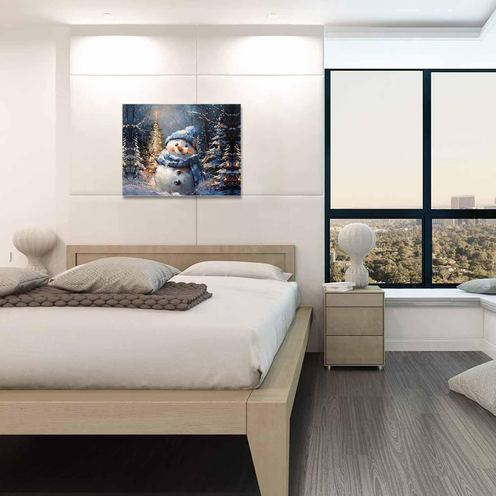 Shine-Home Shine-Home Blue Snowman Wall Art for Living Room/Bedroom, Christmas Tree Shabby Chic Forest Painting Canvas Bathroom Decor Wall Art Kitchen Office Framed Wood Oil Painting Picture, 20\"x24\"