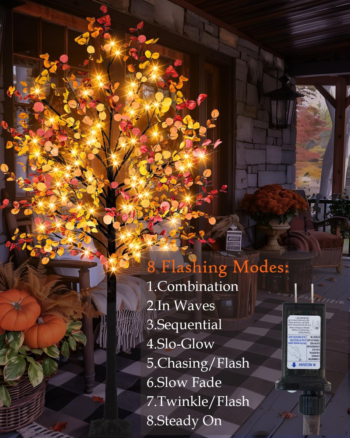 Caplidou Caplidou 7 FT Lighted Fall Eucalyptus Tree, 128 LED Artificial Fall Tree with Lights Fall Light Up Tree with Timer for Autumn Wedding Party Birthday Patio Porch Home Garden Indoor Outdoor Decor