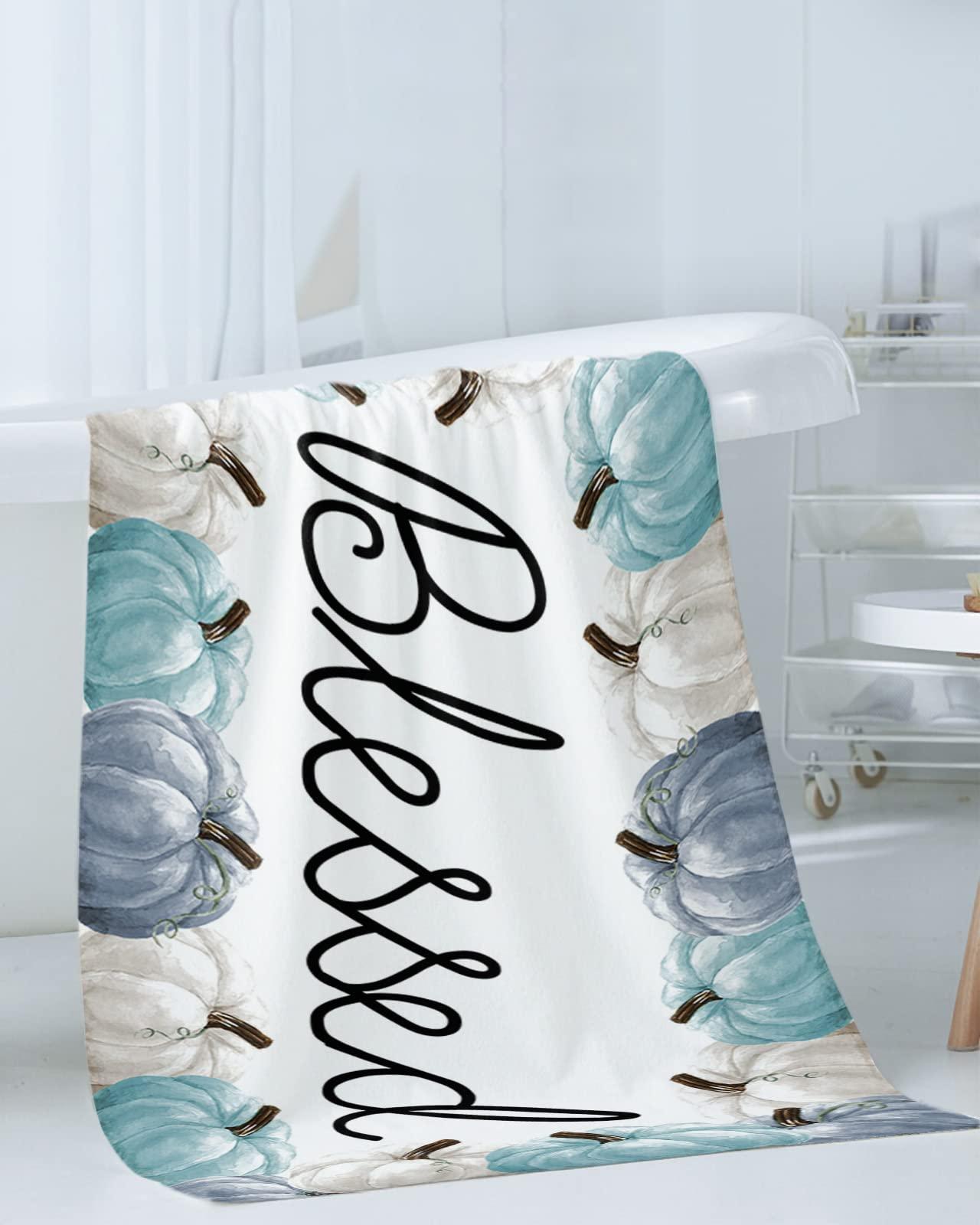 ZOE GARDEN Fall Pumpkins Bathroom Towel Set,Microfiber Bath Kitchen Beach Hand Dish Towels Set,Quick Dry Luxury Soft Decorative Towels+Set Clearance Bulk Decor(3-PC) Teal Blue White Autumn Thanksgiving Day