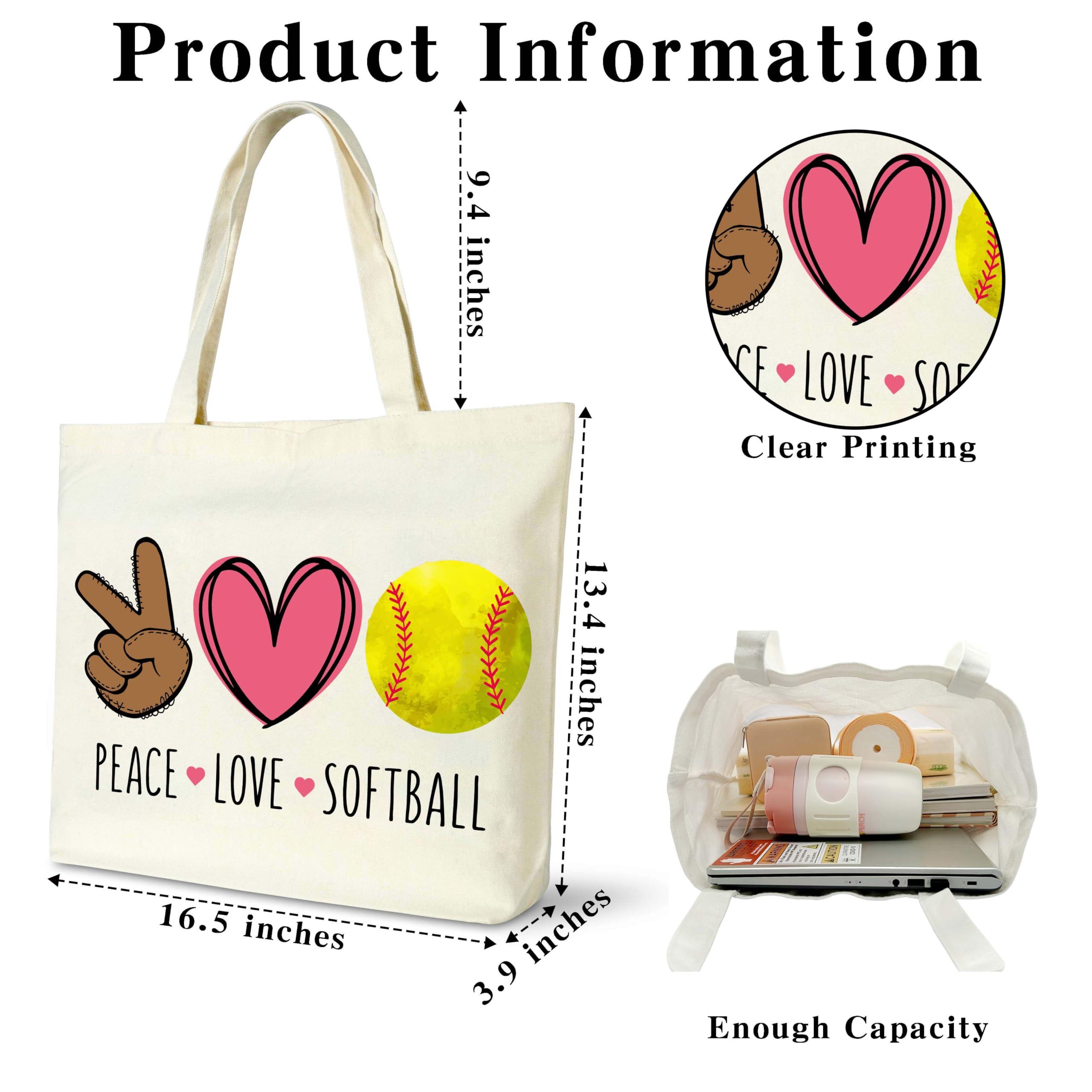 seclate seclate Softball Tote Bag, Peace Love Softball Bags for Women, Reusable Cloth Cotton Bags for Travel Shopping Beach, Sports Lover Birthday Gifts - J01