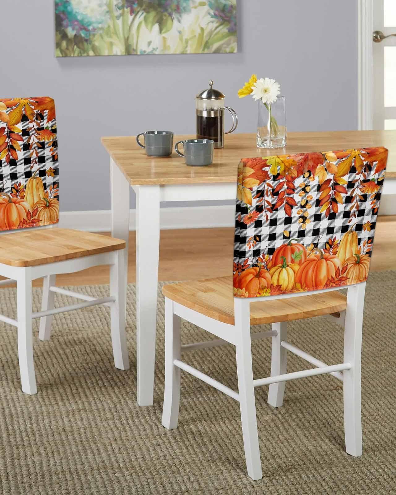 LOVE HOME DAY Fall Thanksgiving Chair Back Covers Set of 8,Orange Pumpkin Maple Leaf Harvest Farm Chair Slipcovers,Black and White Removable Dining Chair Protector for Kitchen Hotel Restaurant Banquet Decor