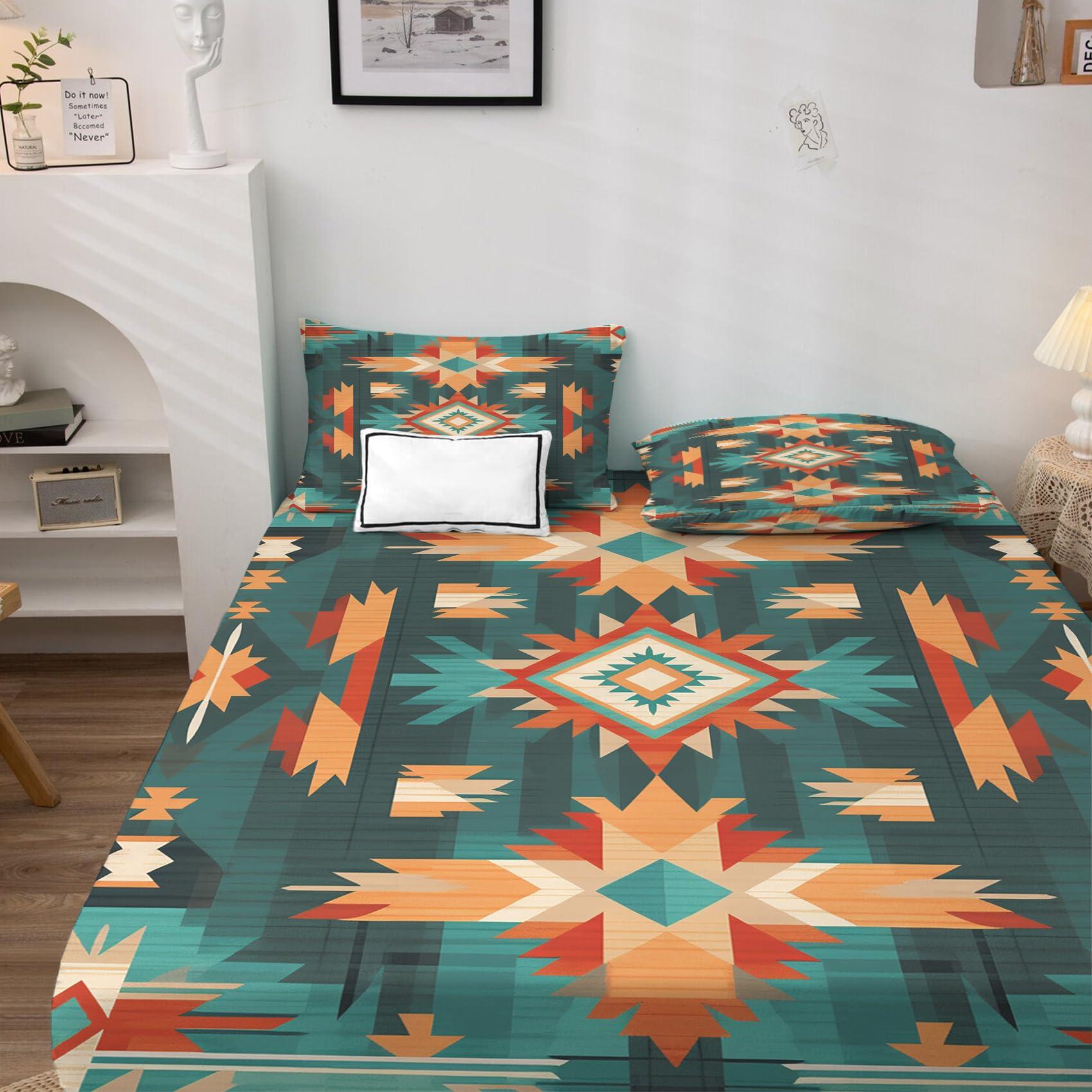 zcsm King Size Sheets Set - Aztec Bed Sheets, Southwestern Native American Bedding Sheets & Pillowcases, Soft Microfiber & Deep Pocket & Wrinkle Free Sheet Set, 1 Fitted Sheet, 1 Flat Sheet, 2 Pillow Cases