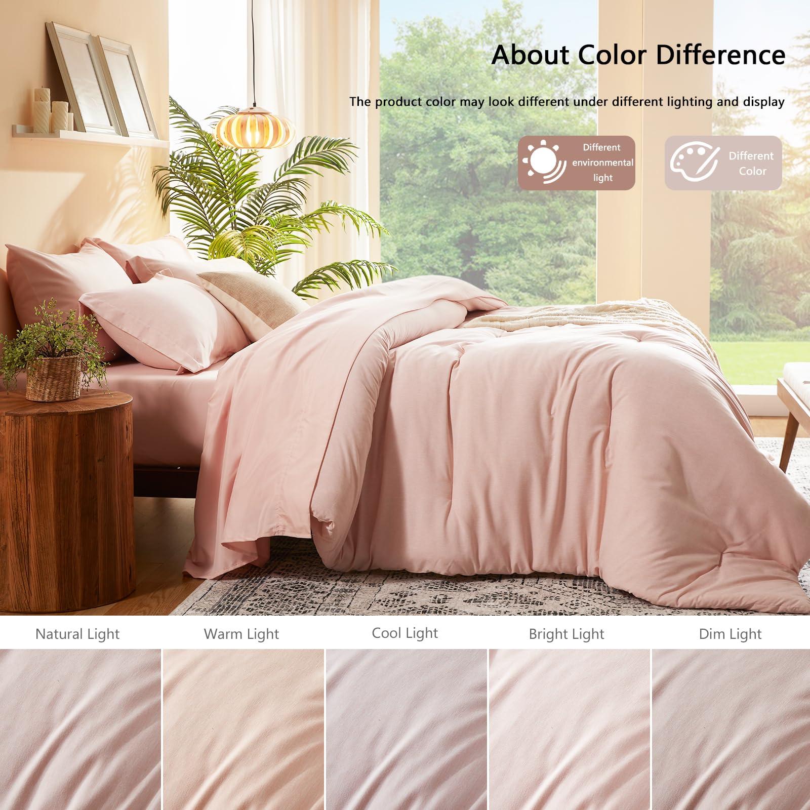 UNILIBRA UNILIBRA King Comforter Set 7 Pieces Bed in a Bag - Light Pink King Soft Bedding Set for All Seasons - Cationic Dyeing Bed Comforter Sets with Comforter, Flat Sheet, Fitted Sheet, Pillowcases & Shams