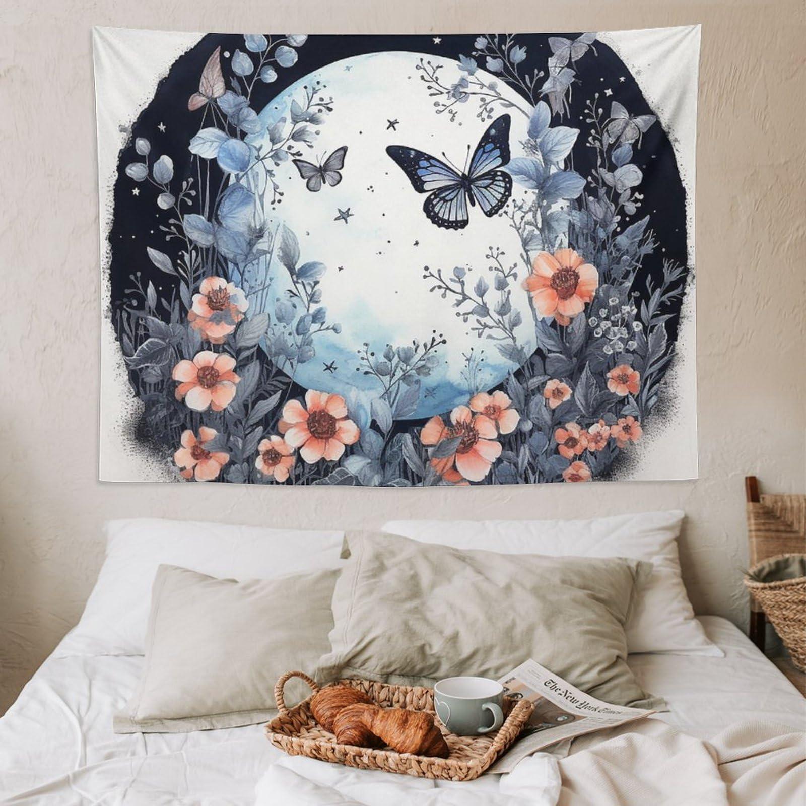 BAHELS BAHELS Blue Butterfly Moon Flower Tapestry Wall Hanging Boho Floral Plant Aesthetic Mandala Tapestry Decor for Living Room Bedroom 60\"x80\"
