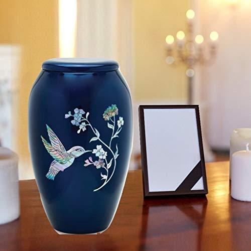 Trinityurns Blue Hummingbird Mother of Pearl Inlaid Metal Cremation Urn and Velvet Bag
