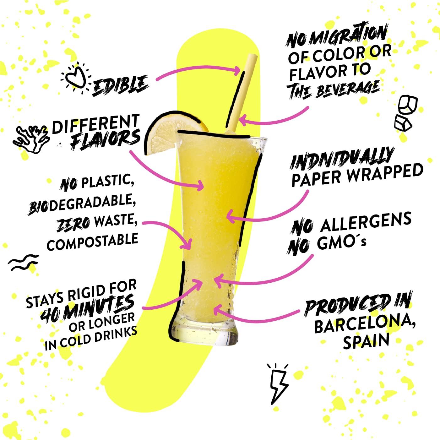 SORBOS Sorbos Edible Straws, Lemon Flavored, Sustainable, Individually Packaged, No Plastic, No Allergens, No Gluten, No PFAS, 100 Percent Biodegradable, 7.4 inches long (Pack of 200)