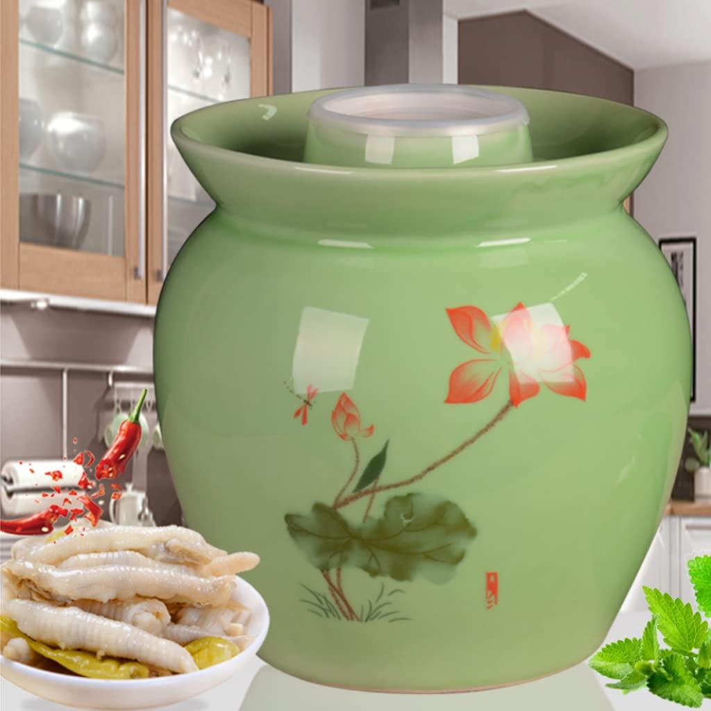 ZHOUXIAO ZHOUXIAO Traditional Ceramic Pickle Jar Fermentation Crock Jar, Lotus Pattern Chinese Pickle Jar,Fermenting Tank with Water Seal Airlock Lid Stoneware Fermenter for Sauerkrau 3.5KG