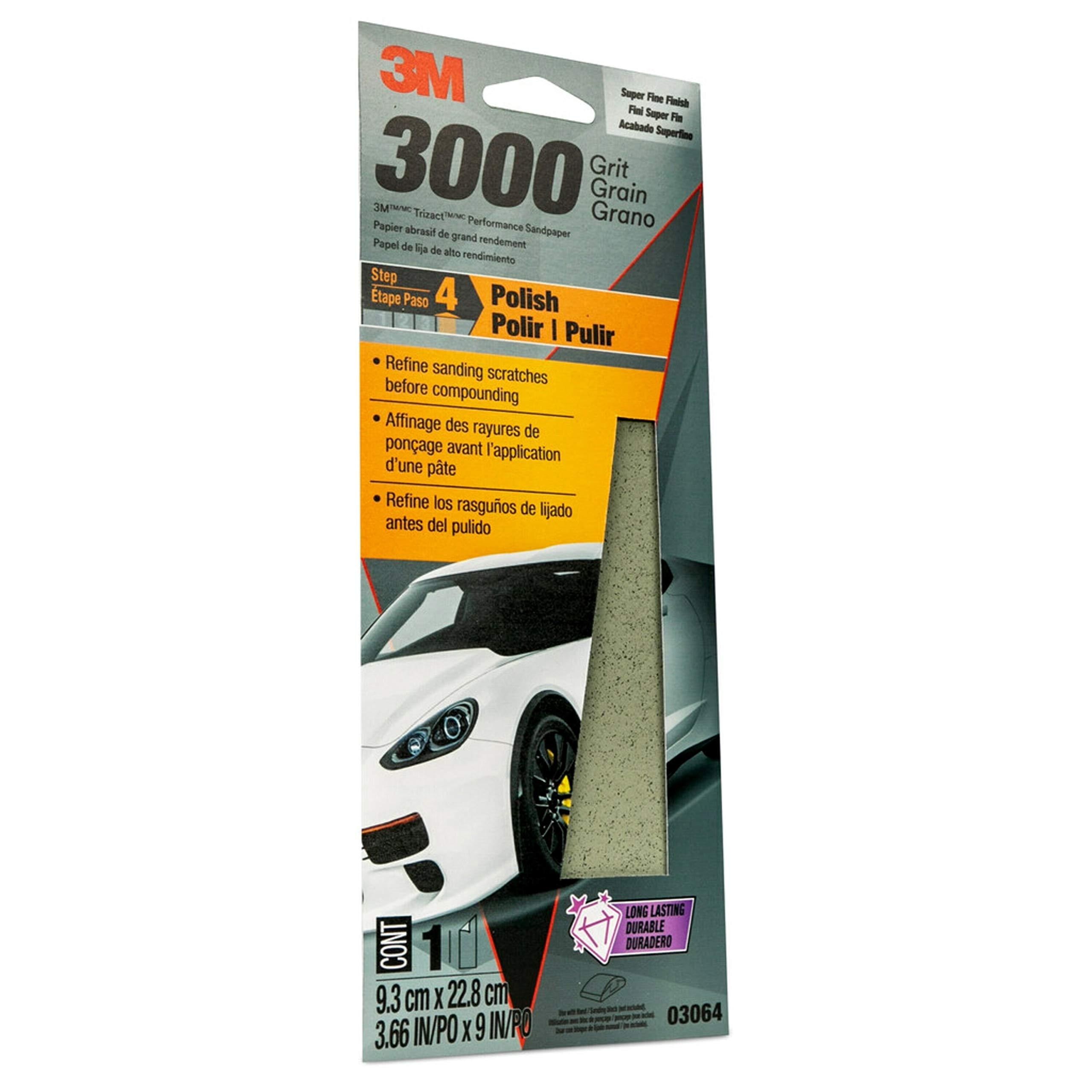 3M 3M Performance 3000 Grit Sandpaper, 3-2/3 in x 9 in, Polish Clear Coat and Paint, Restore Shine, Ideal for Detailed Finishing and Polishing, Very Fine Grade Abrasive for Refined Finishes (03064)