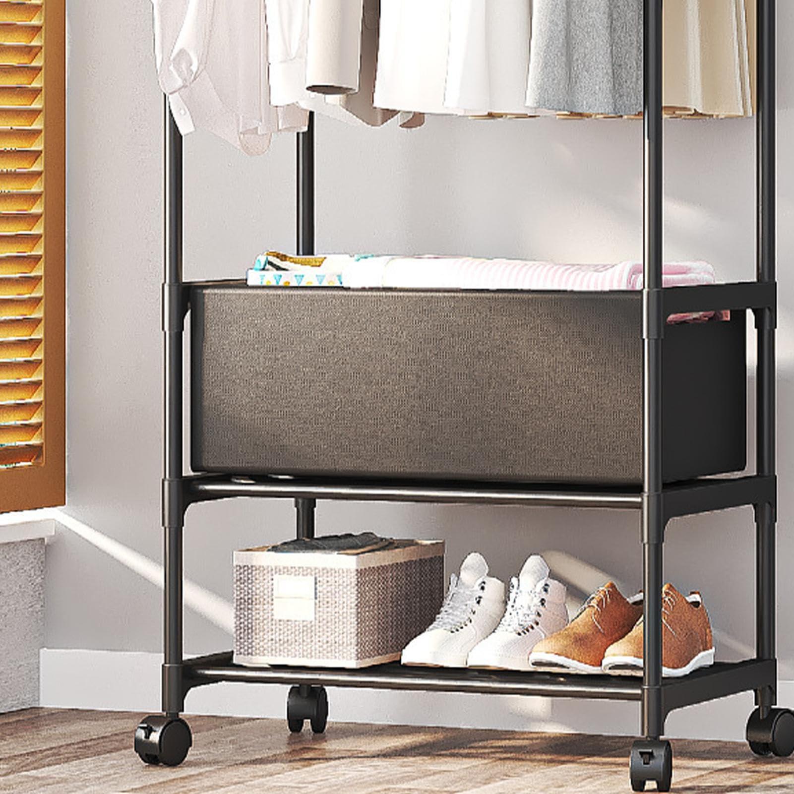 Libaroud Double Rods Clothing Rack with Wheels, Rolling Hanging Clothes Rack, Multi-functional Bedroom Clothes Rack for Bedroom, Living Room, Clothing Store