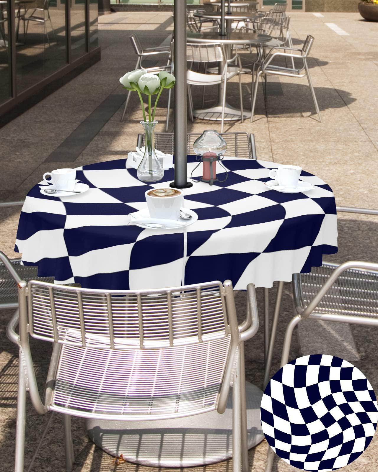 Boanket Boanket Outdoor Tablecloth with Umbrella Hole for Patio/Picnic/Party/Camping, Navy Blue White Checkered Waterproof Table Cloth Round Cover Washable, Modern Irregular Geometric (Dia 60\")