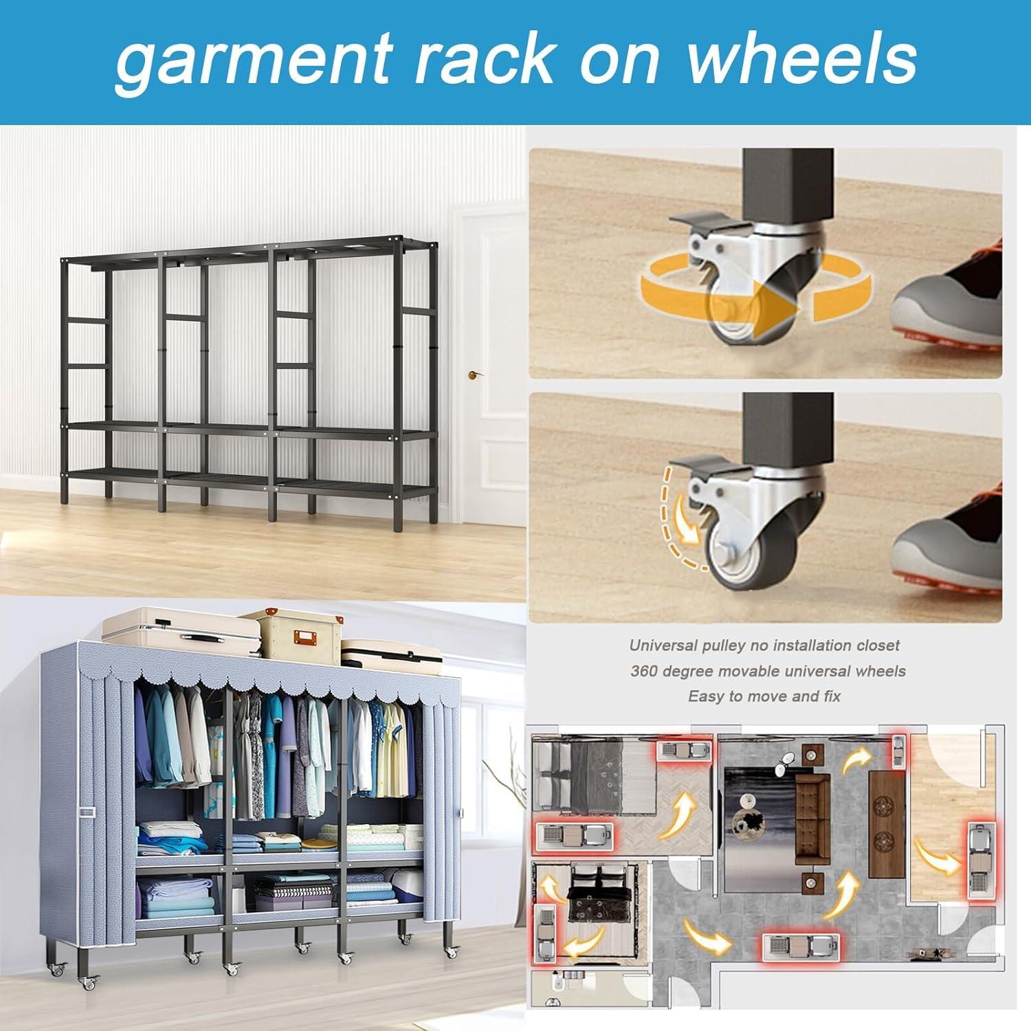 ZAIHW Garment Rack Walk In Closet Organizer Heavy Duty Clothes Rack Closet System with 3 Hanging Rods, 8 Wheels, 1600 LBS Load Capacity for Wardrobe, Freestanding Bedroom Armoire (215cm/84.6in)
