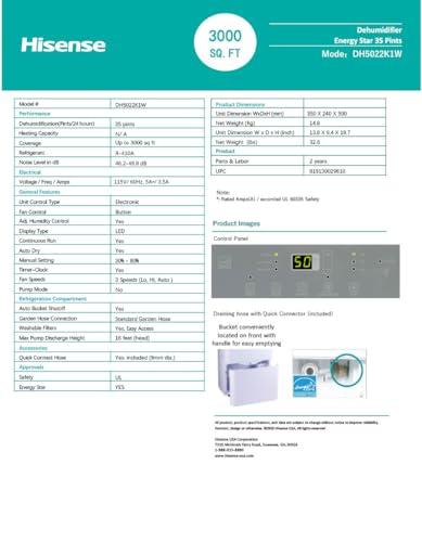 Hisense Hisense 35-Pint Dehumidifier, 3 Speed (Lo,Hi, Auto ), Noise Level 48 dB, Compact size, Auto shut-off, 115v, Up to 3000 sq ft, DH5022K1W - (Renewed)