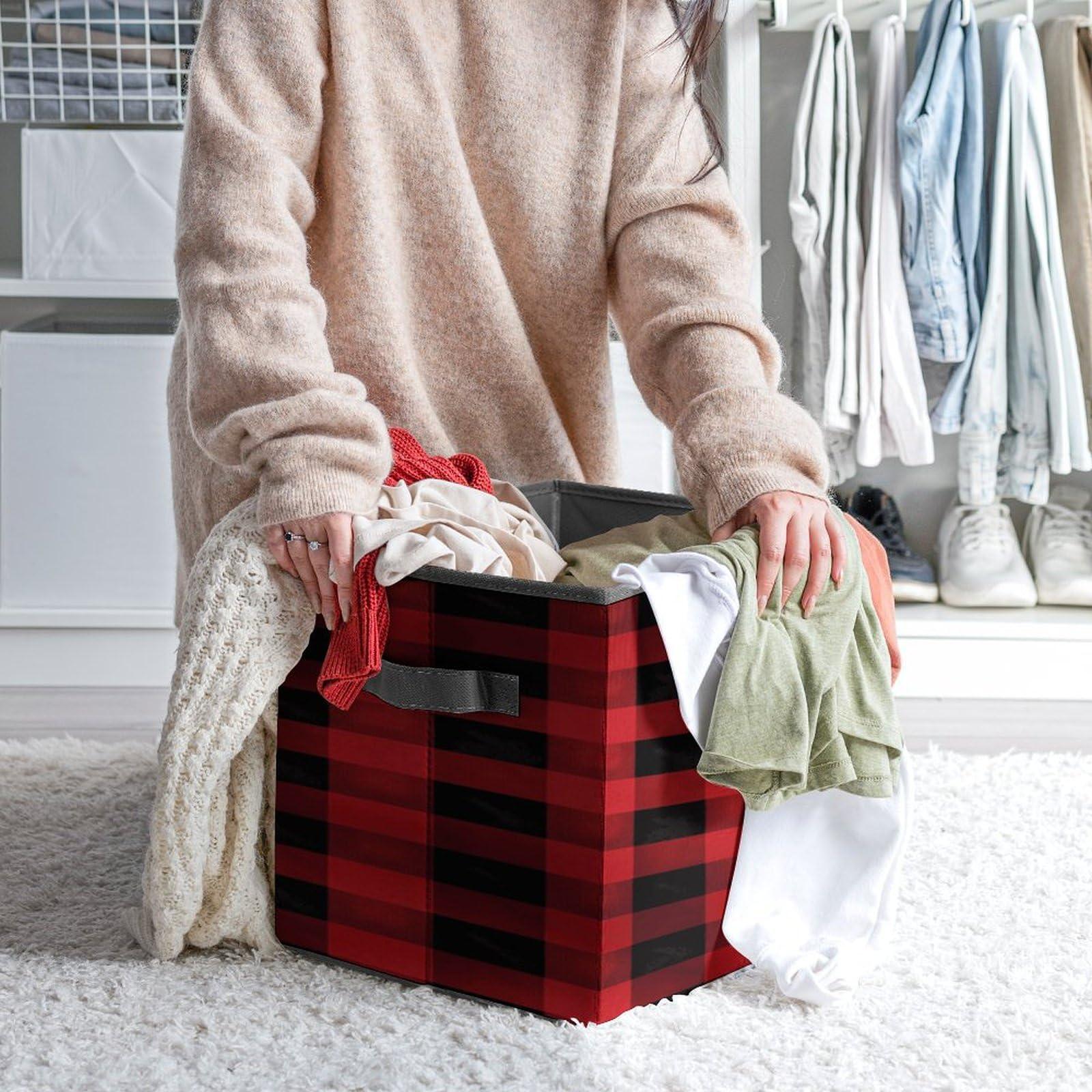 BFGWK Red Black Buffalo Check Plaid Pattern Printing Storage Basket Folding Storage Bins Fabric Cube Organizer With Handle For Closet Utility Room