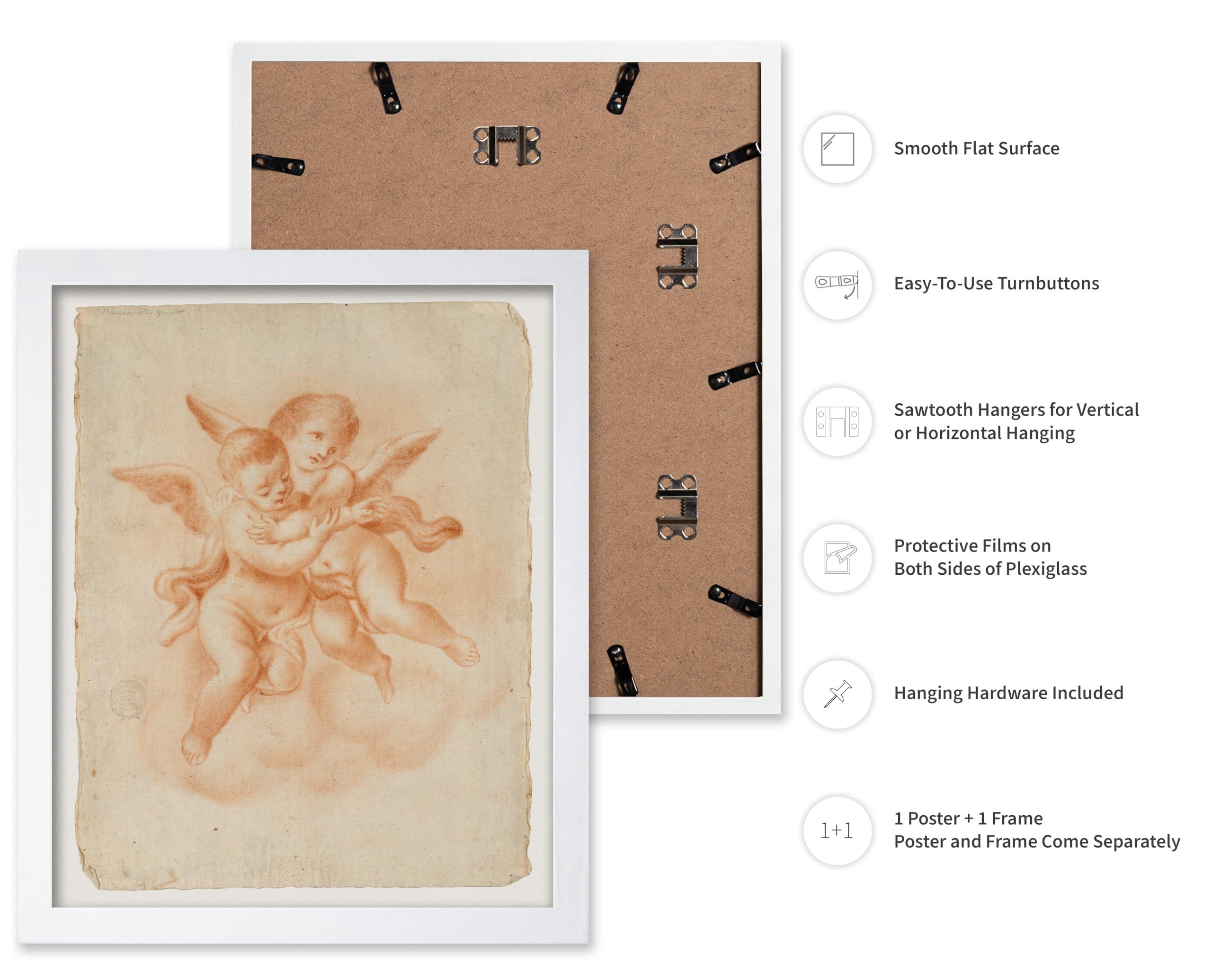 Monem Art Studio Monem Art Vintage Winged Putti in Clouds Poster - Retro Embrace Print - Mythology Art - Putto Art - Gift for Men & Women - Decor for Office, Kid\'s Room or Living Room, 16x20 White Framed