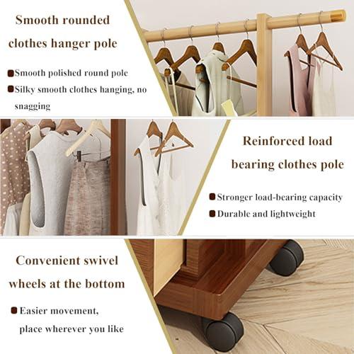 Diodceraic Clothes Organizer Stand On Wheels,entryway Coat Rack With Storage,Garment Racks For Hanging Clothes,bamboo Rolling Garment Rack,Multifunction Entry-way Coat Racks Stand For Bedroom Entryway(Color:Brow