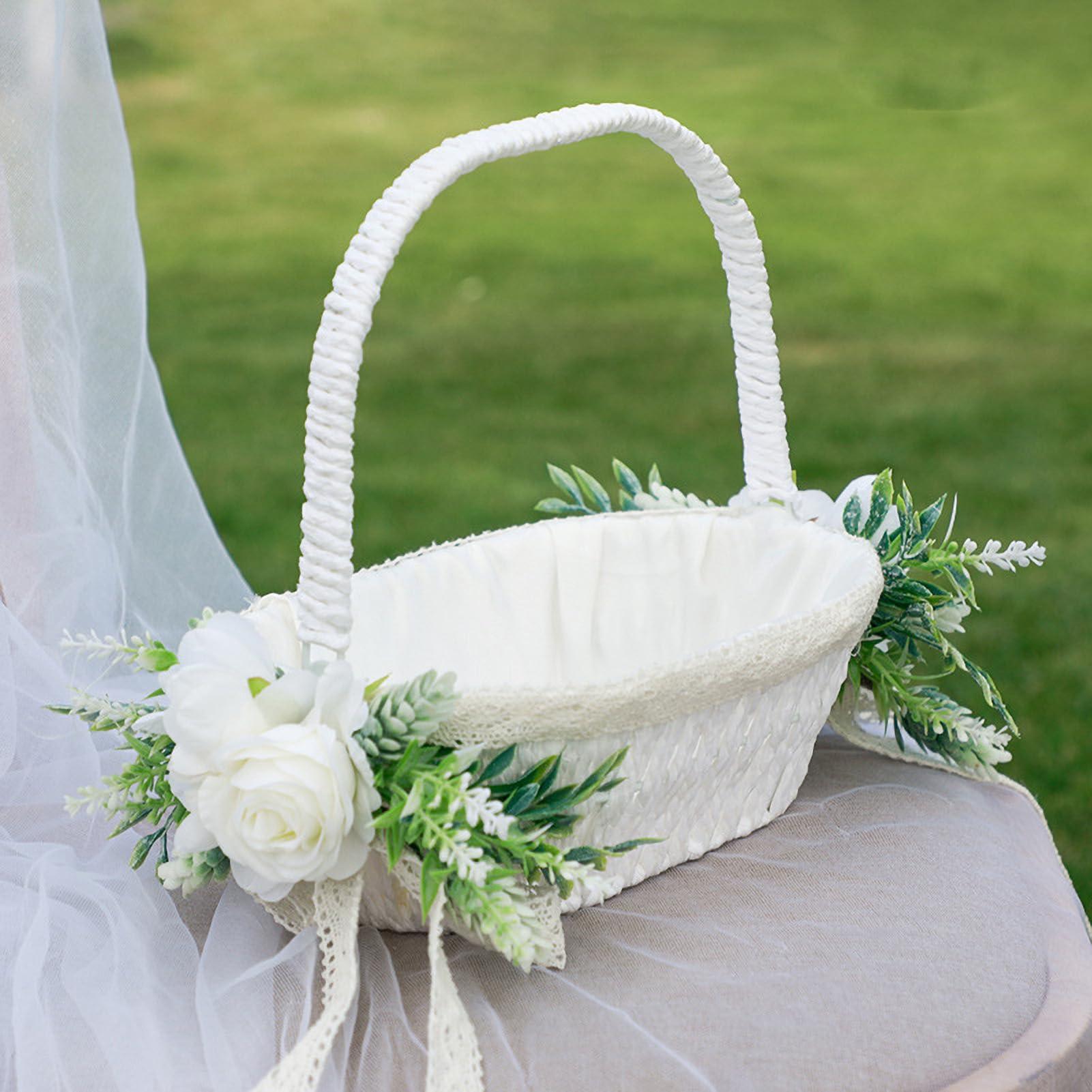 MEUMITY MEUMITY 2Pcs Flower Girl Basket Handmade Rattan Basket with Handle Flower Girl Baskets for Weddings Foldable Handle and Artificial Stain Flower Basket for Wedding Ceremony Party Decoration