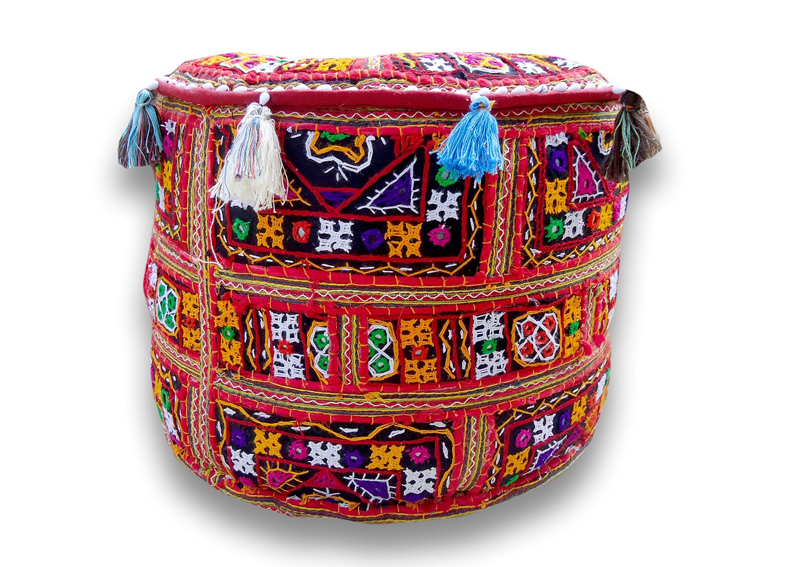 Sophia-Art Sophia-Art Indian Embroidered Patchwork Cover Indian Decorative Pouf Indian Comfortable Floor Cotton Cushion Ottoman Pouf,Indian Designs Ethnic Patchwork Pouf (Gujarat-Kutch, 18\"x13\")