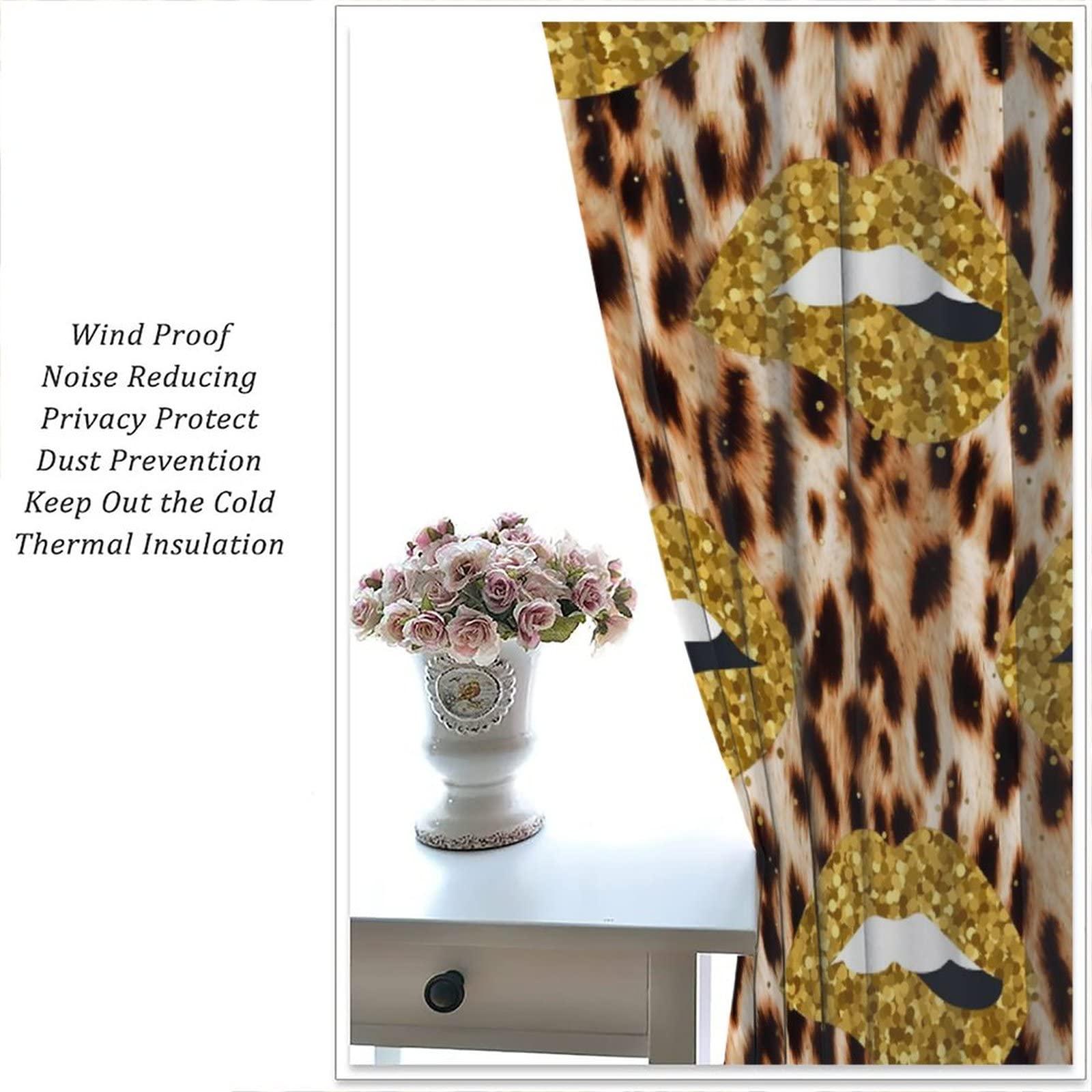 AuiMzoo Lips Curtains, Gilt Sexy Lips African Wildlife Cheetah Leopard Print Theme, Women Women Bedroom Living Room Blackout Curtains, Set of 2 Panels,84X84 Inch