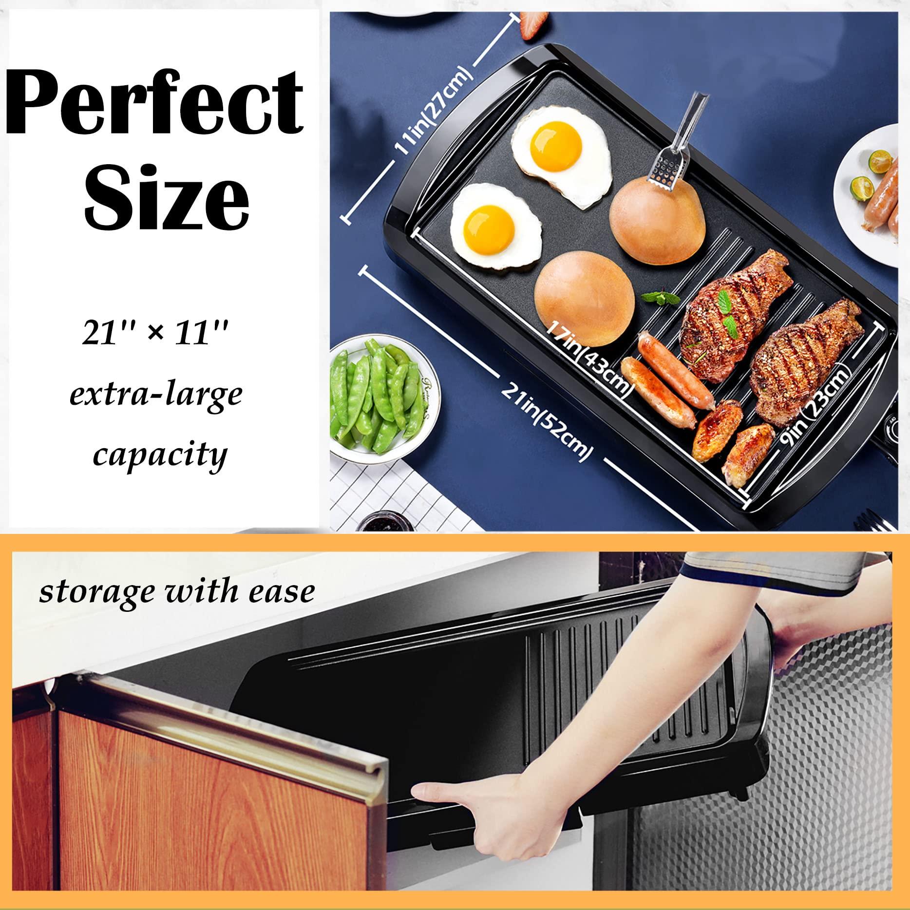Vestynska 2-in-1 Large Nonstick Electric Griddle, 1600W Pancake Griddle, Heat Up Fast Evenly Smokeless Griddle Pan, Temperature Control, Non-stick Coating, Drip Tray, for Meal Indoor BBQ Grill Party (21\'\'x11\'\')