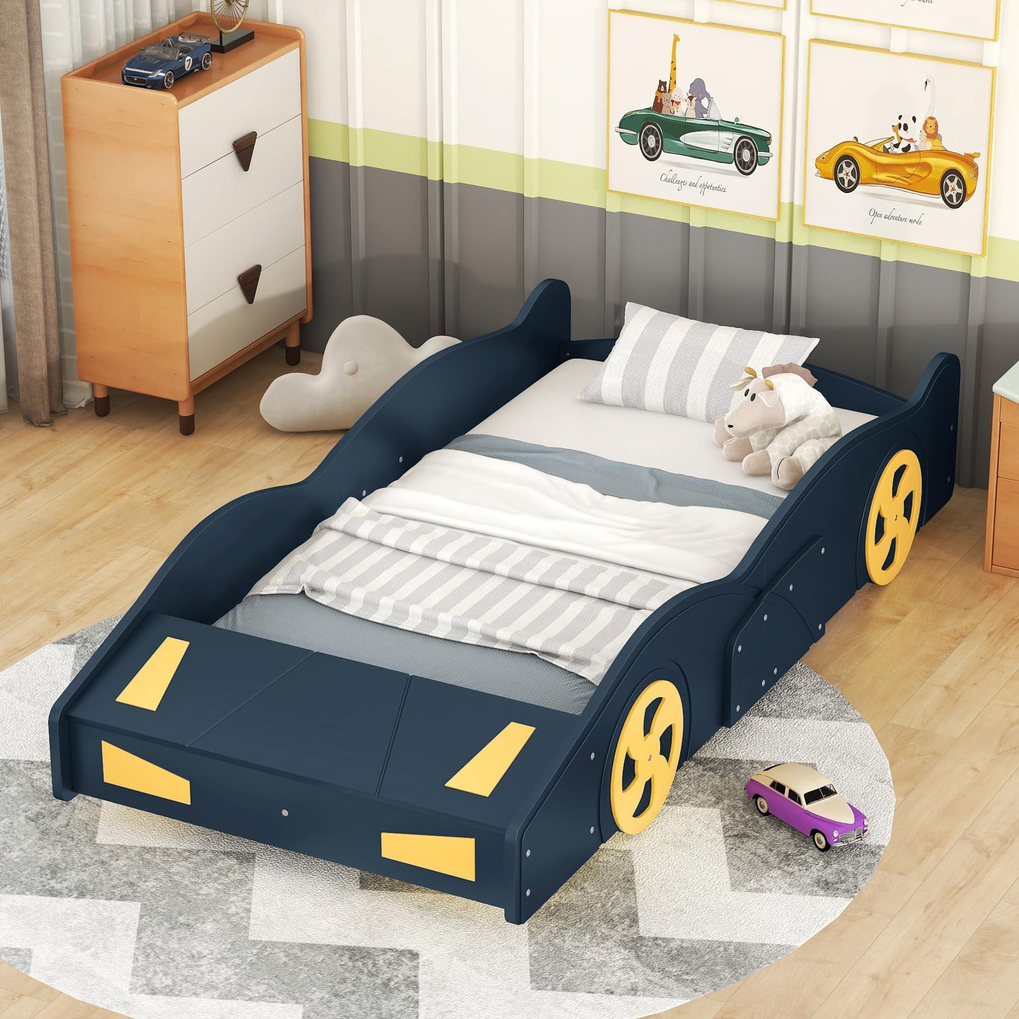 ACQCA ACQCA Twin Size Race Car Bed for Kids, Car-Shaped Bed Frame with Wheels and Storage Footboard for Boys, Wood Slats Support,No Box Spring Needed, Dark Blue+Yellow