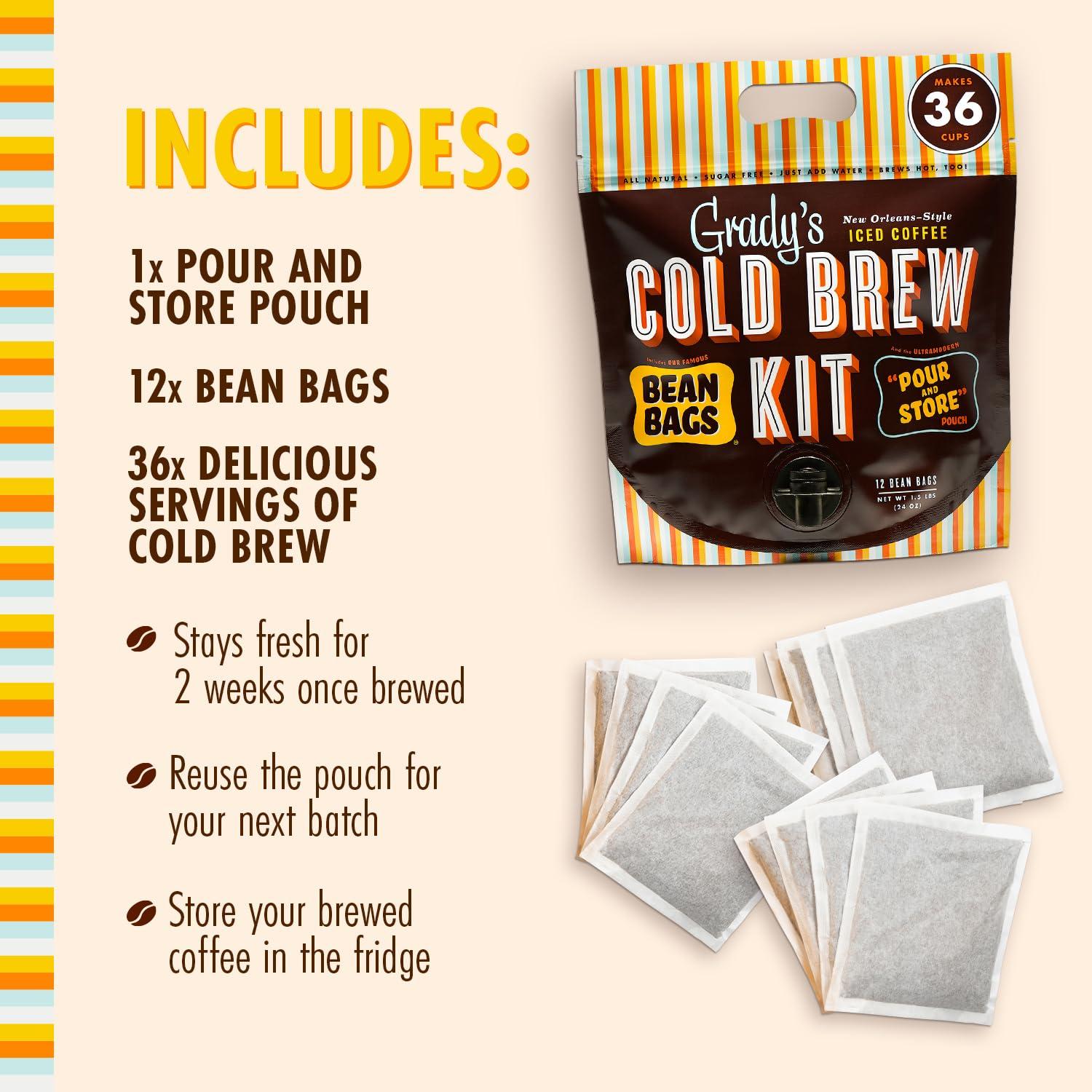 Grady's Cold Brew GRADYS COLD BREW Coffee Pouches | New Orleans Style - DECAF | 100% Arabica Ground Coffee & Chicory | All-in-One Cold Brew Kit with 12 Easy-to-Brew Beans Bags | Makes 36 drinks