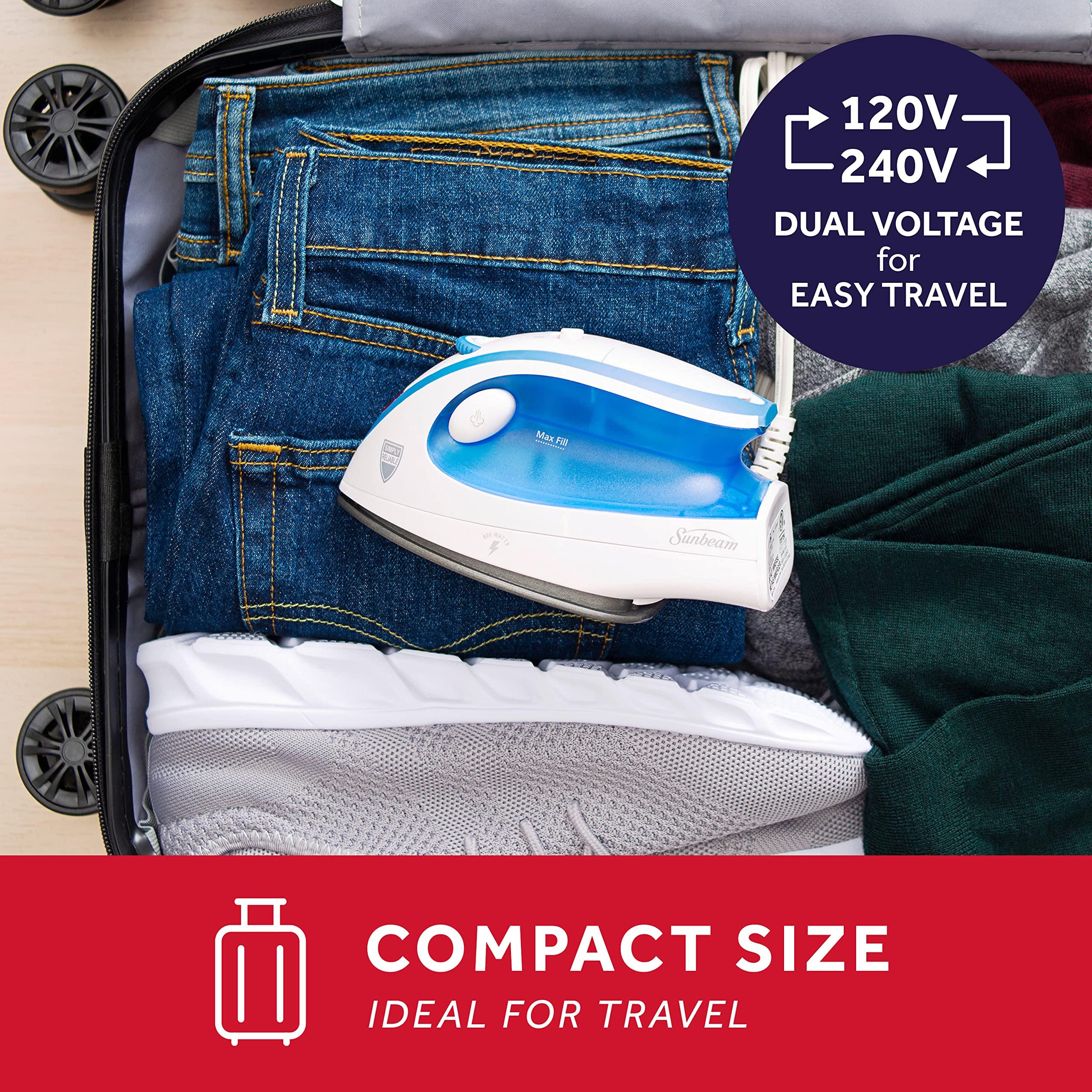 Sunbeam Sunbeam Hot-2-Trot Travel Steam Iron, 800 Watt Dual Voltage 120/240, Compact Size, Portable, Non-Stick Soleplate, Soft Touch Handle, Horizontal or Vertical Use, White and Blue