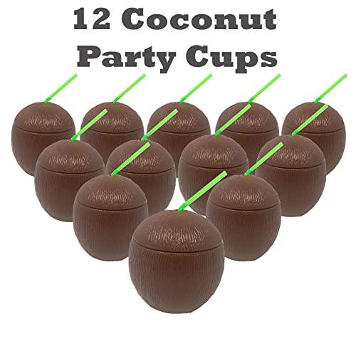 Podzly Podzly - 12 Piece Tropical Luau Theme Coconut Cups - 12 Oz Hawaiian Plastic Mugs with Straw and Removable Lid - Set for Drinking Cups or Party Favors - Perfect for Beach, Pool, and Tiki Parties