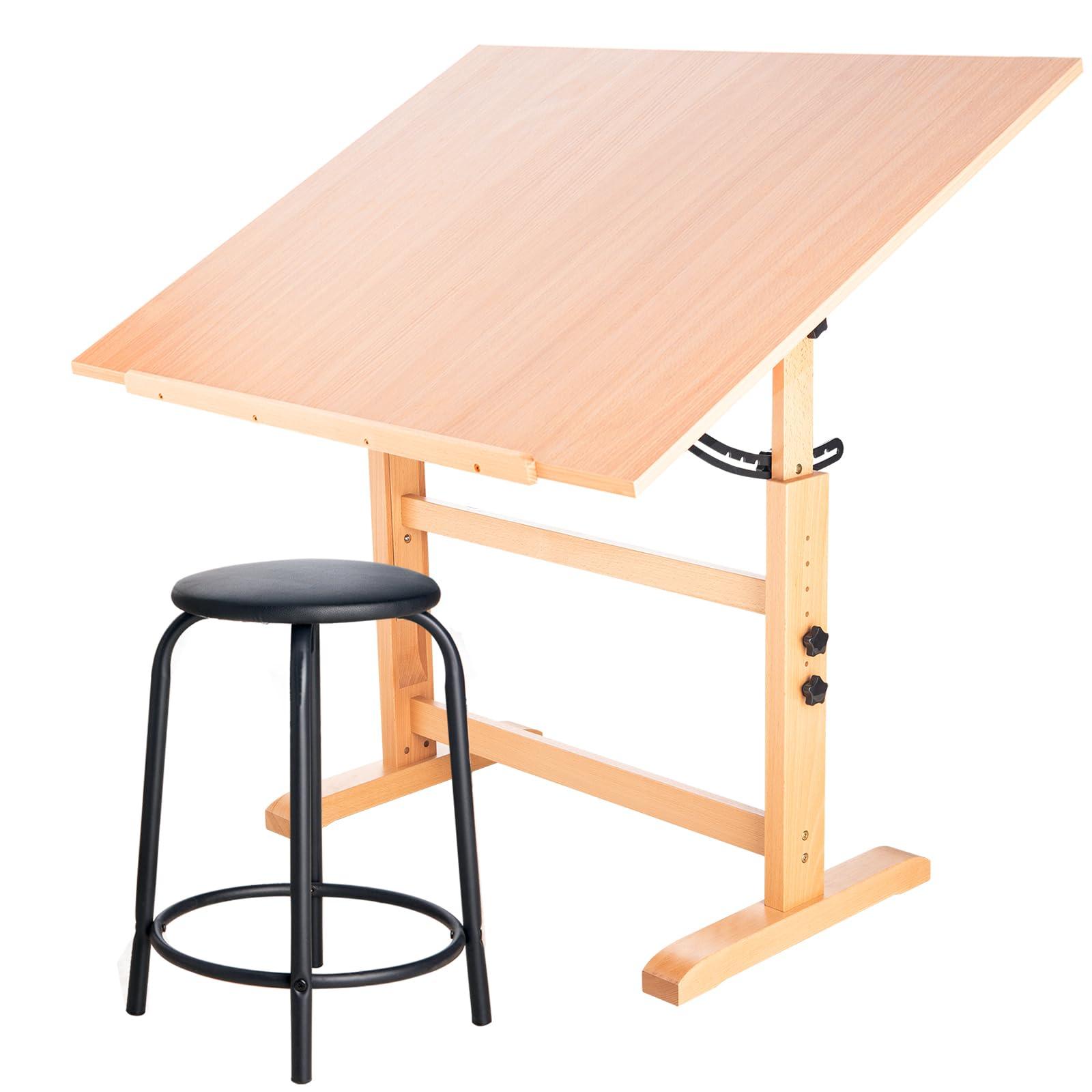Falling in Art Falling in Art Wooden Drafting Table and Stool Set, 30\" x 42\" Adjustable Height and Angle Solid Wood Drawing Desk for Adults, Artist Craft Table for Painting Artwork, Reading, and Writing